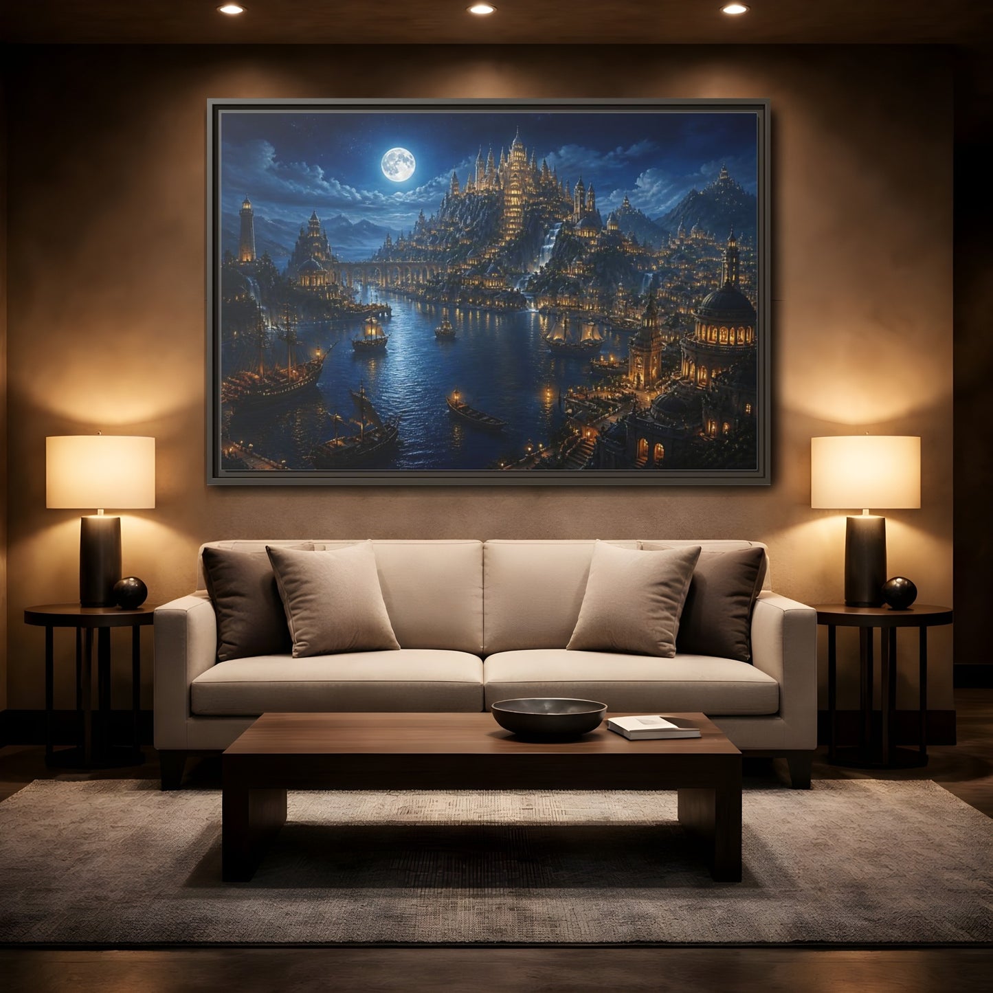 Mockup 2. Moonlit Castle Harbor shown as framed canvas print