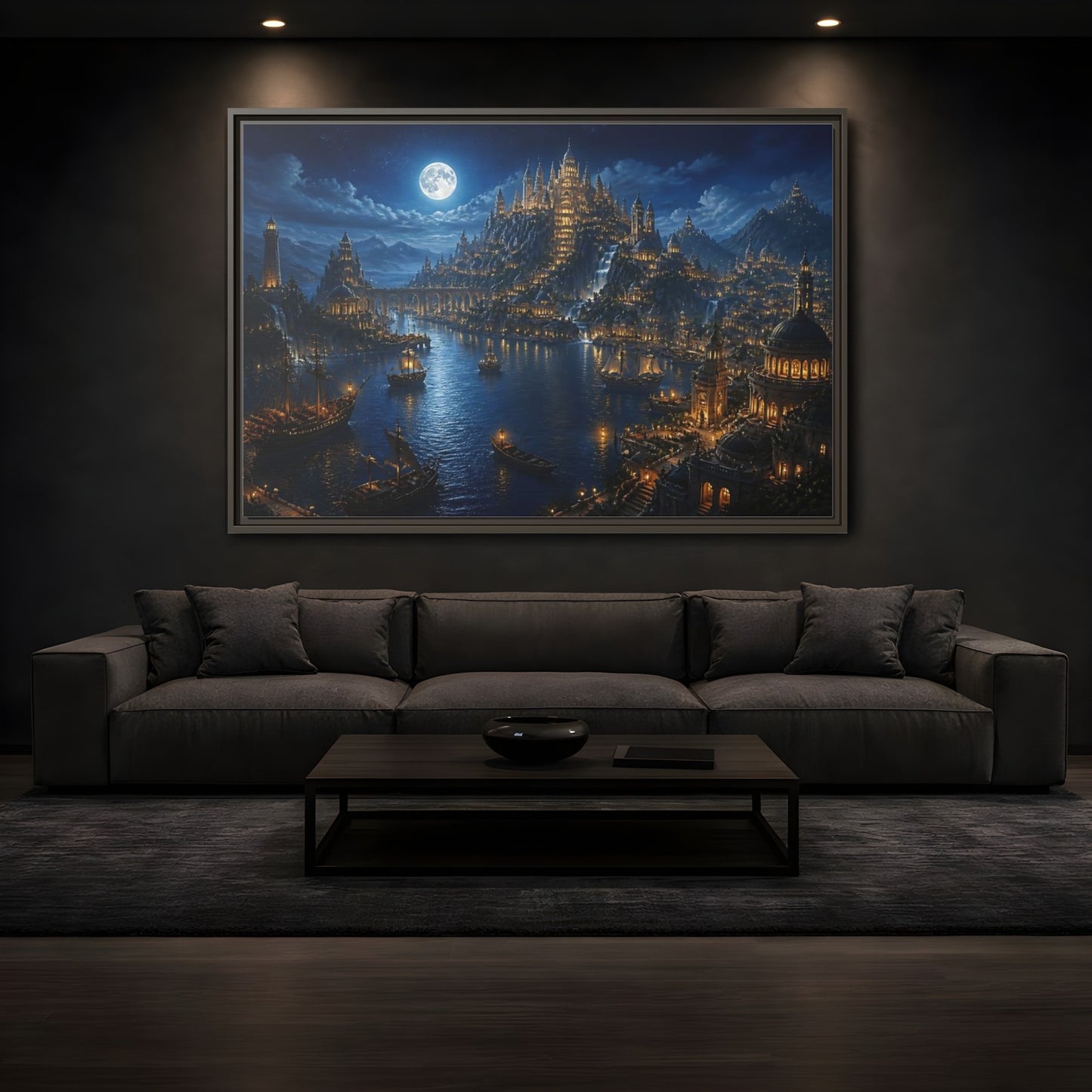 Mockup 3. Moonlit Castle Harbor shown as framed canvas print