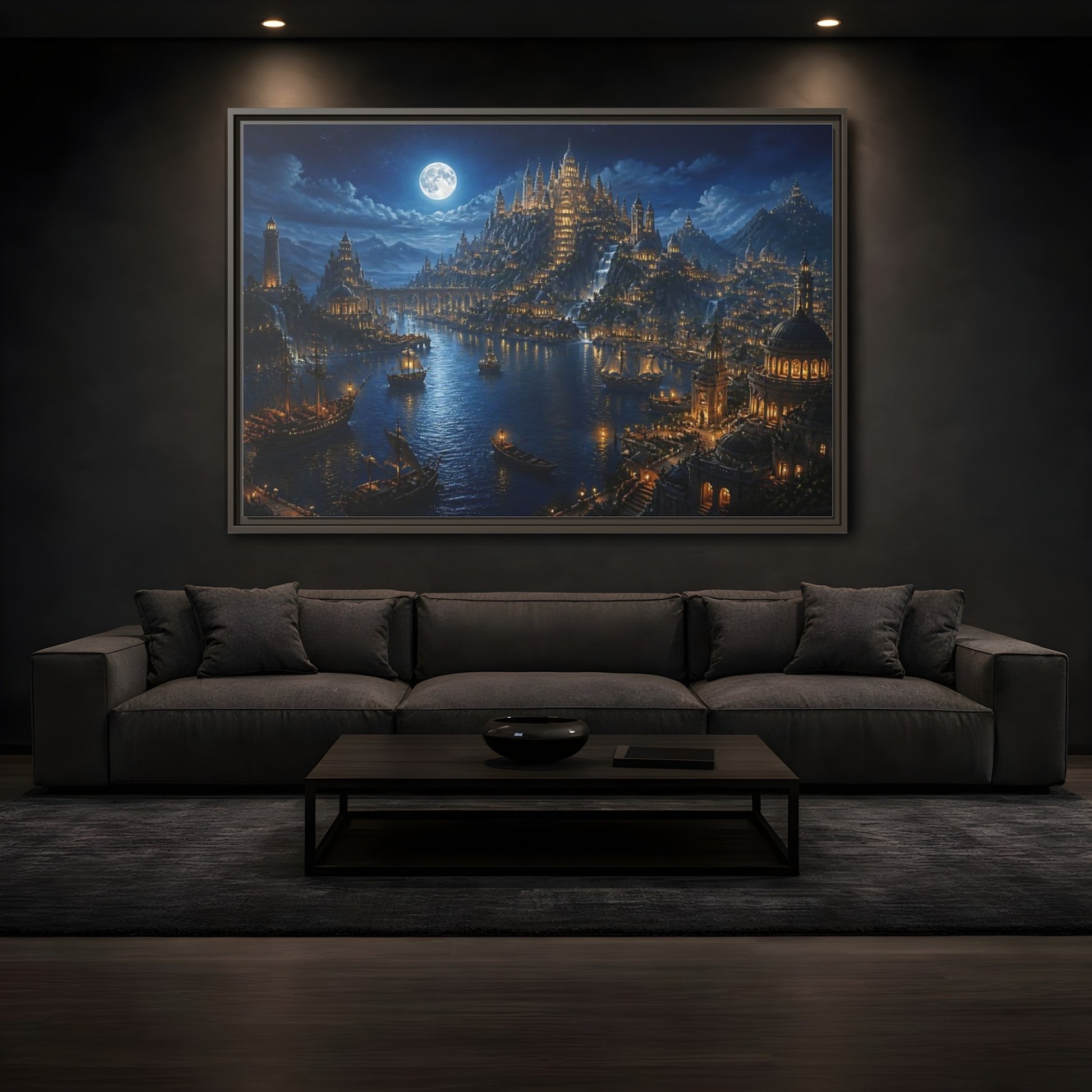 Mockup 3. Moonlit Castle Harbor shown as framed canvas print