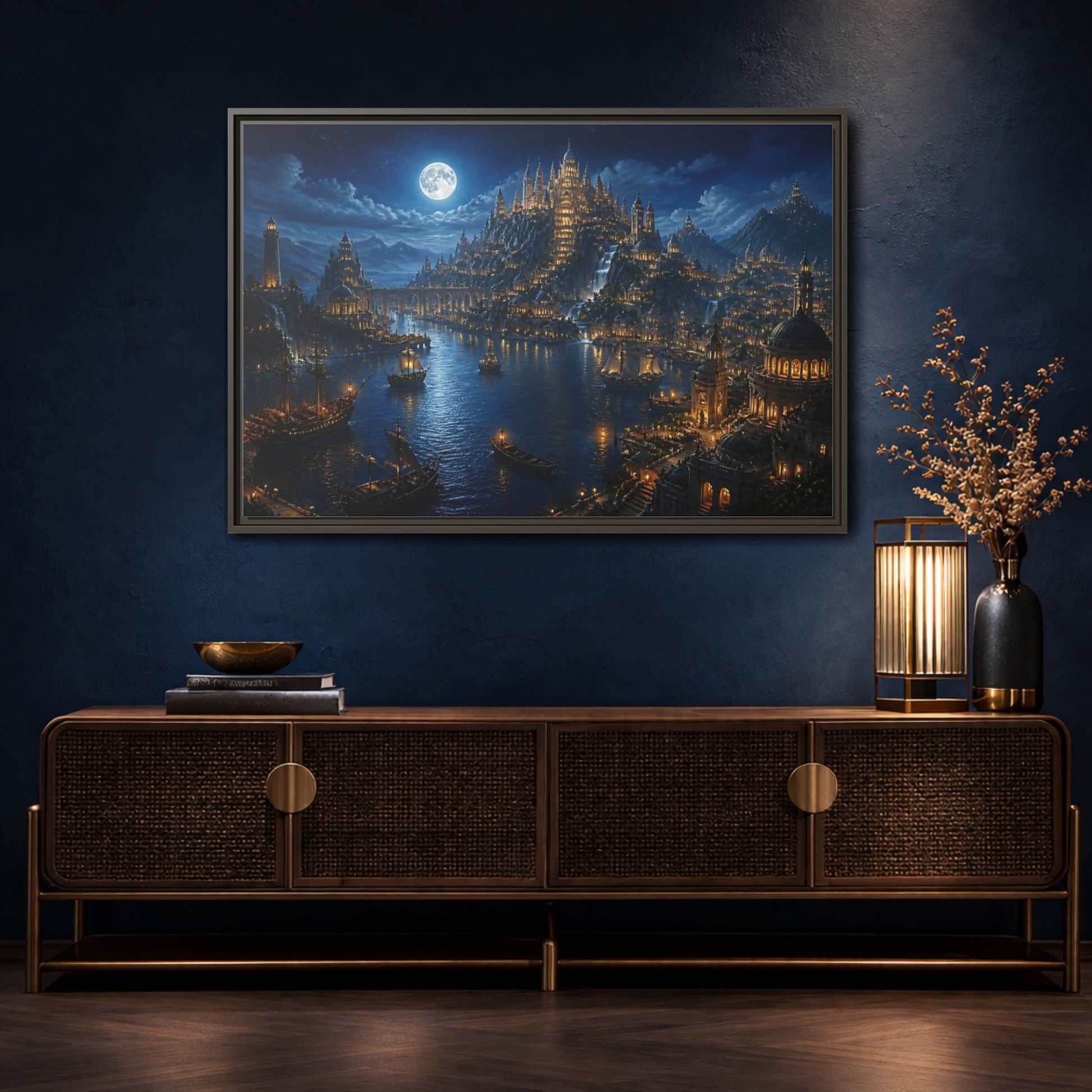 Mockup 4. Moonlit Castle Harbor shown as framed canvas print