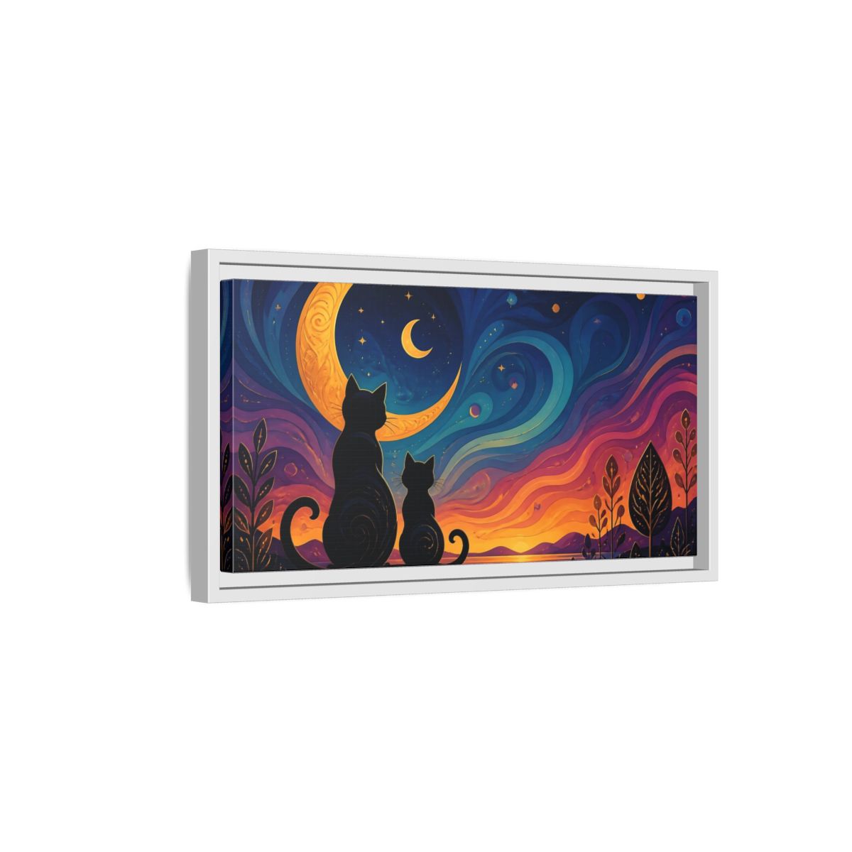 Side Mockup 6. Moonlit Cat Silhouettes shown as framed canvas print