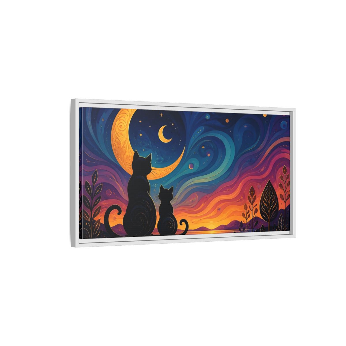 Side Mockup 1. Moonlit Cat Silhouettes shown as framed canvas print