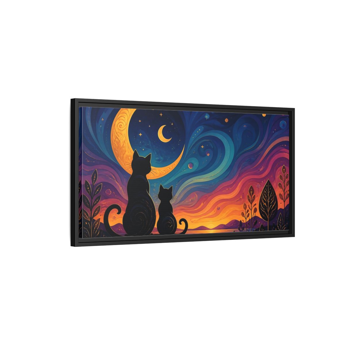 Side Mockup 2. Moonlit Cat Silhouettes shown as framed canvas print
