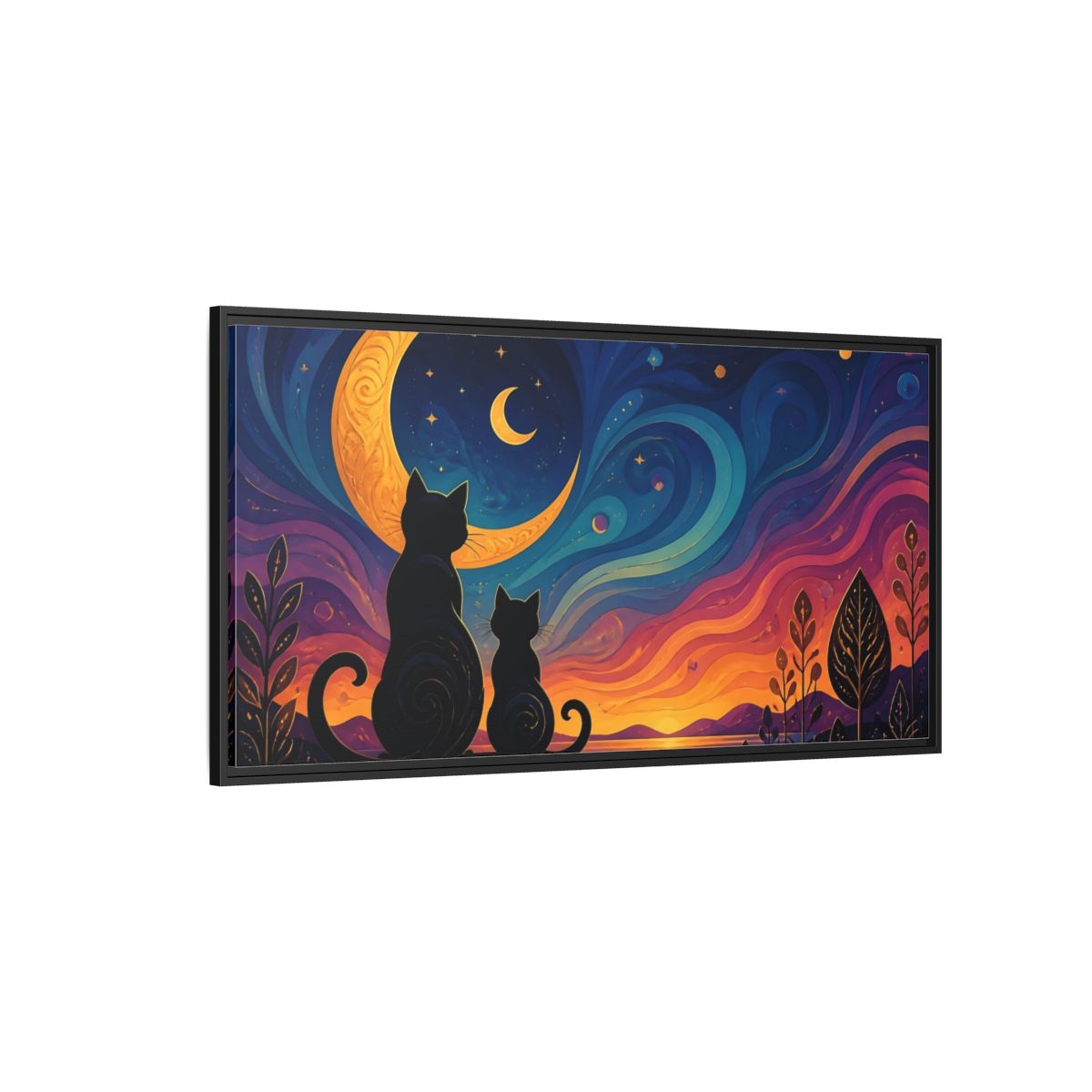 Side Mockup 5. Moonlit Cat Silhouettes shown as framed canvas print