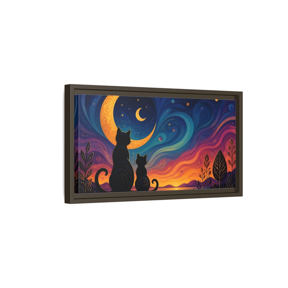 Side Mockup 7. Moonlit Cat Silhouettes shown as framed canvas print