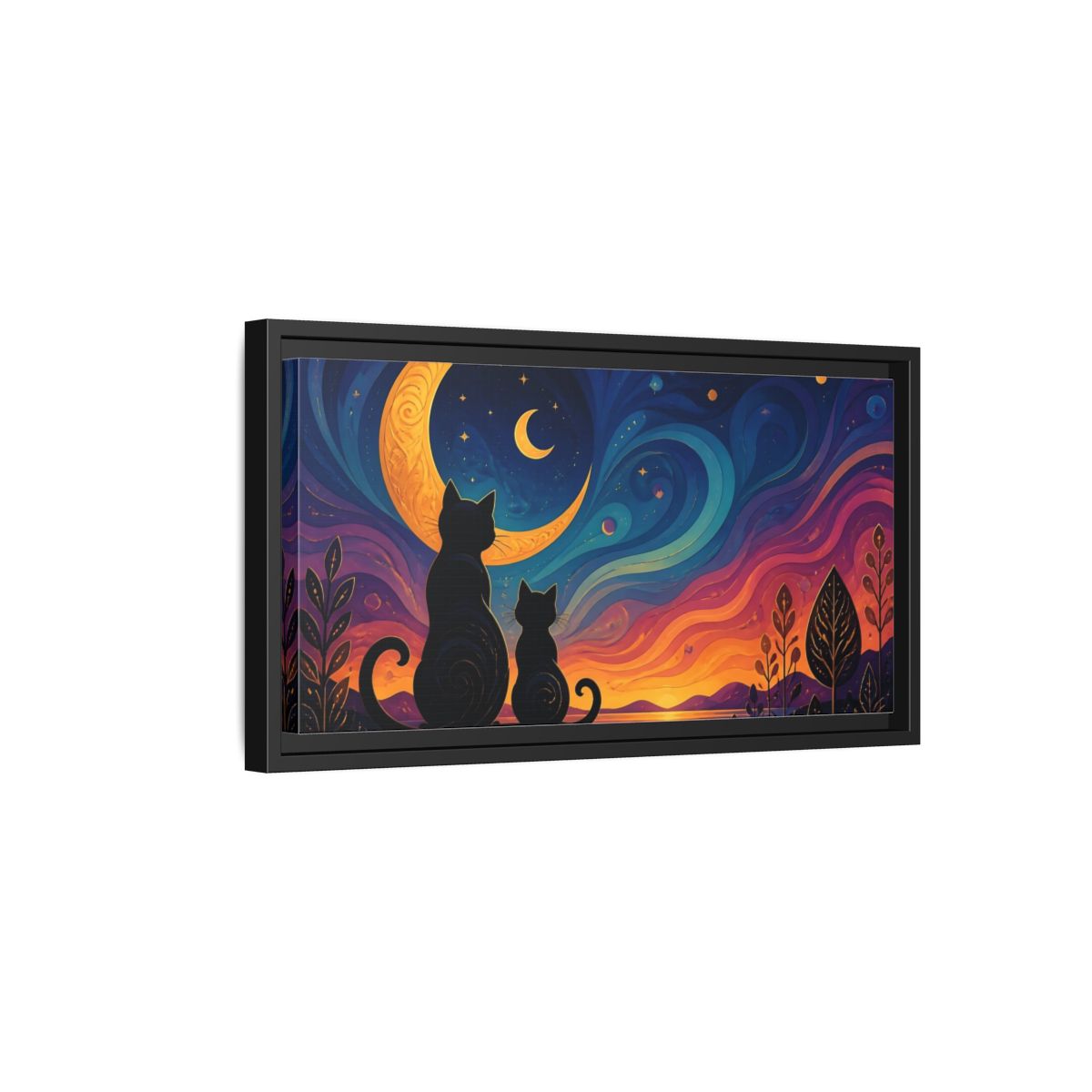 Side Mockup 8. Moonlit Cat Silhouettes shown as framed canvas print