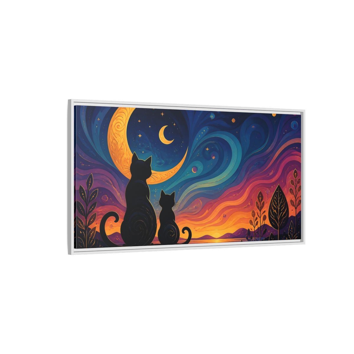 Side Mockup 3. Moonlit Cat Silhouettes shown as framed canvas print