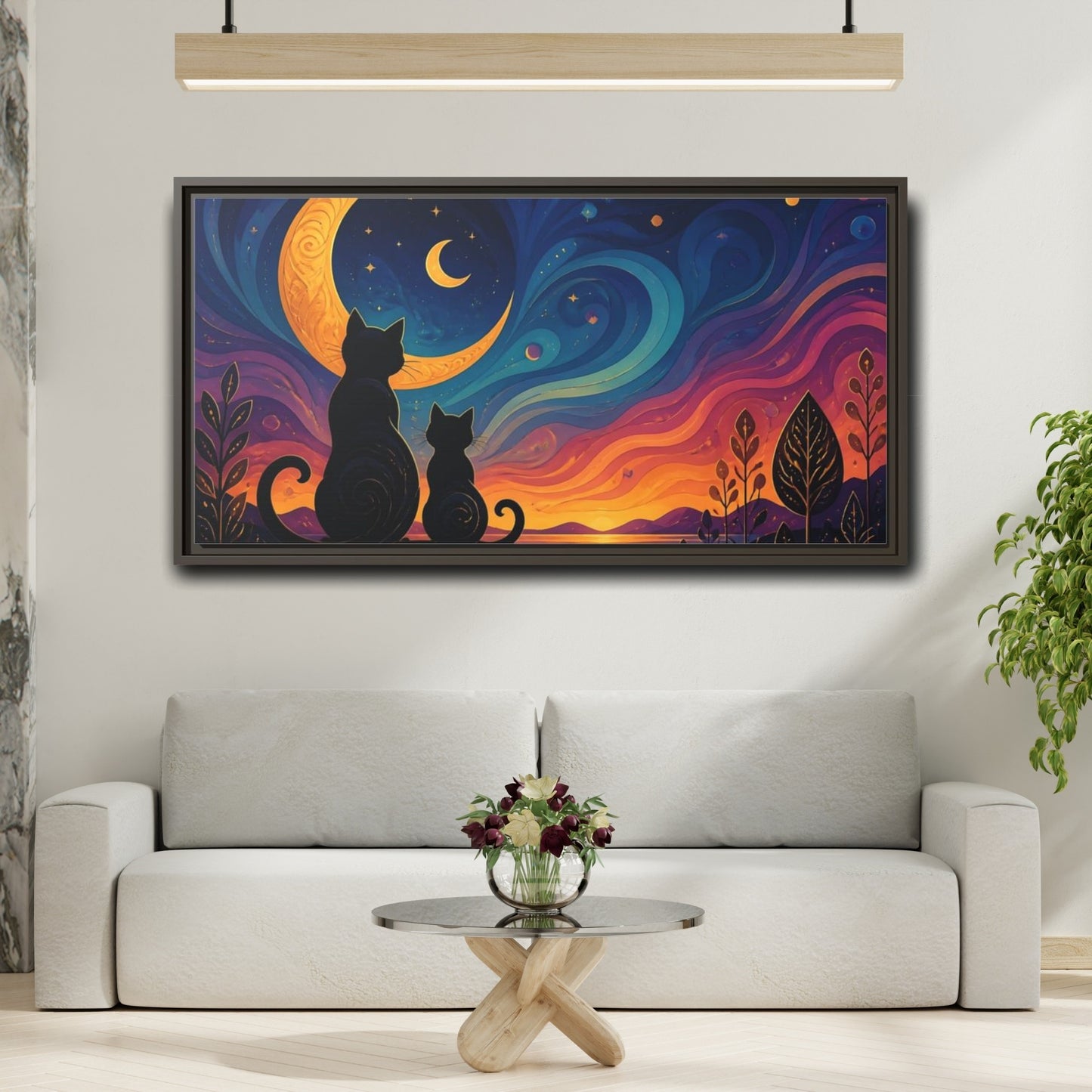 Mockup 2. Moonlit Cat Silhouettes shown as framed canvas print