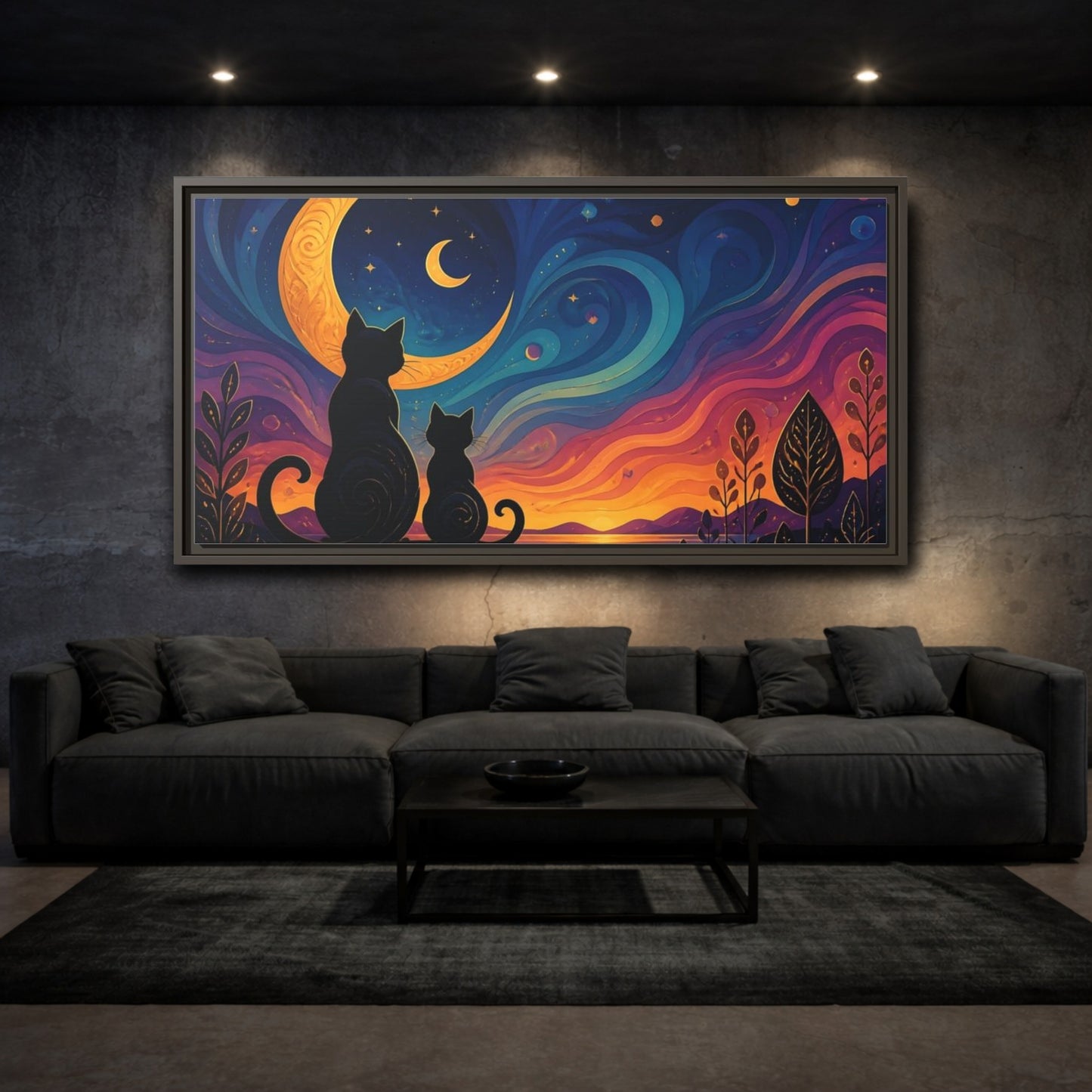 Mockup 3. Moonlit Cat Silhouettes shown as framed canvas print
