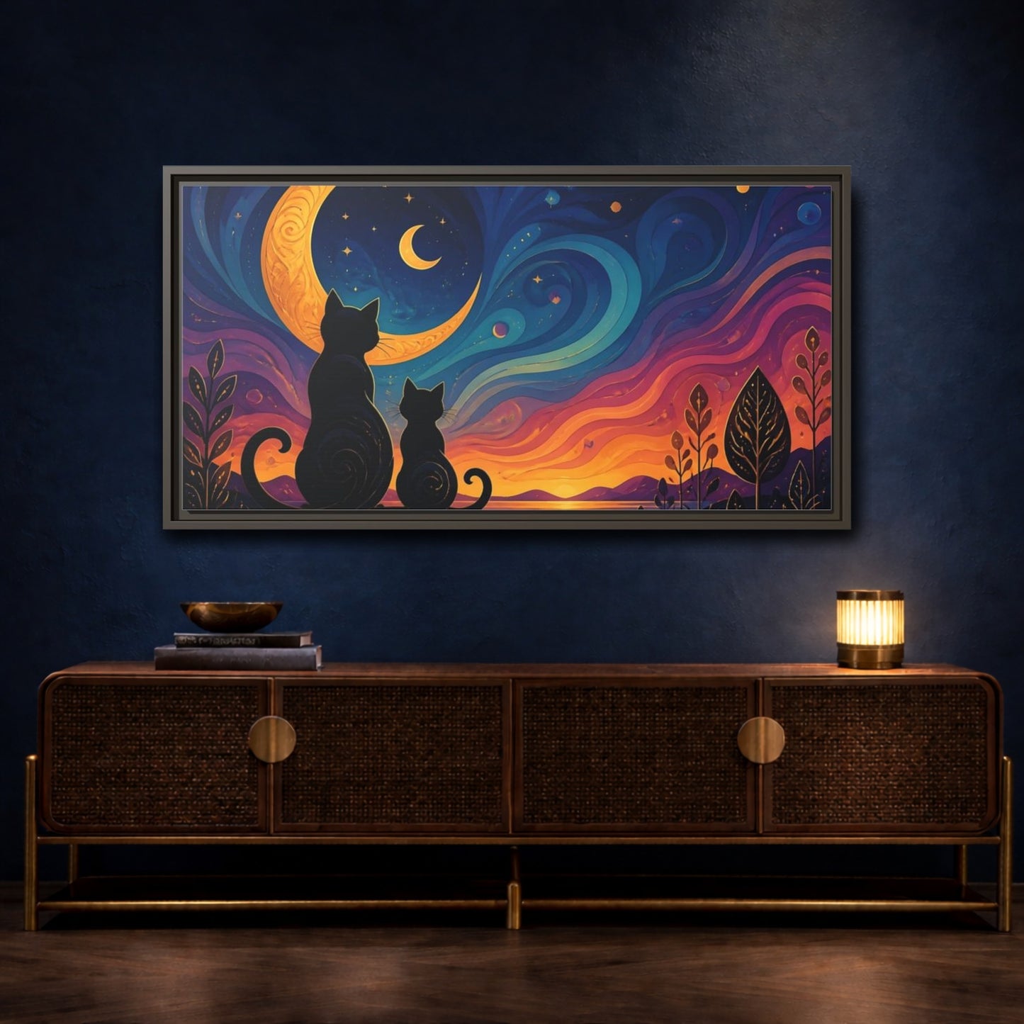 Mockup 4. Moonlit Cat Silhouettes shown as framed canvas print