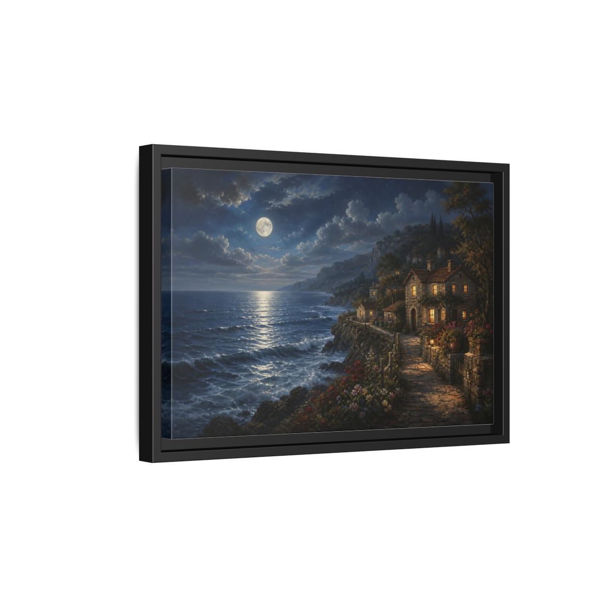 Side Mockup 6. Moonlit Coastal Cottage shown as framed canvas print