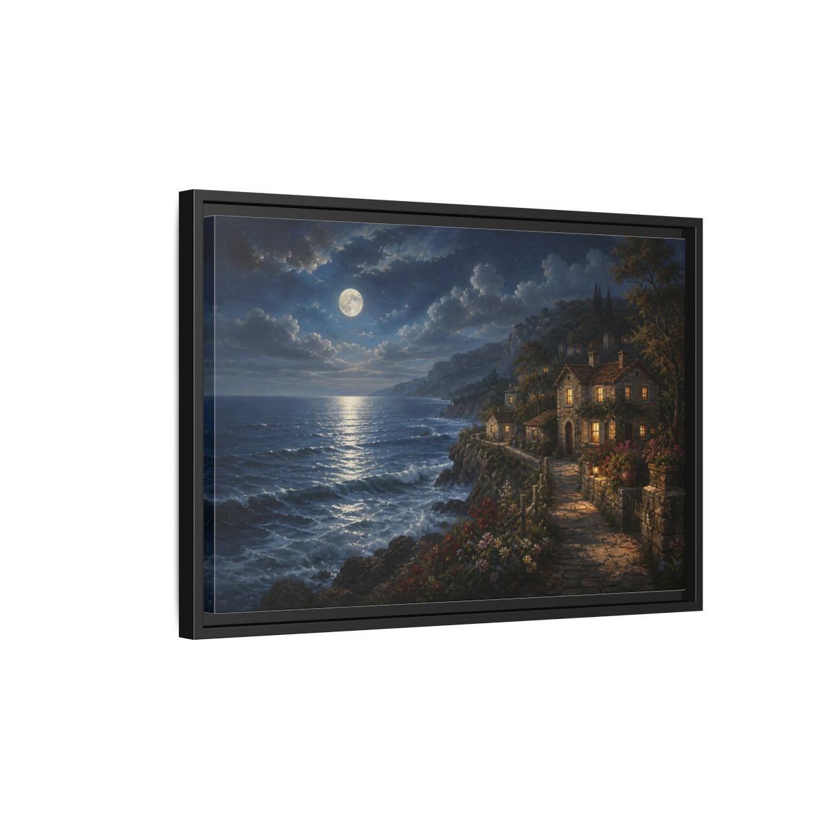 Side Mockup 3. Moonlit Coastal Cottage shown as framed canvas print