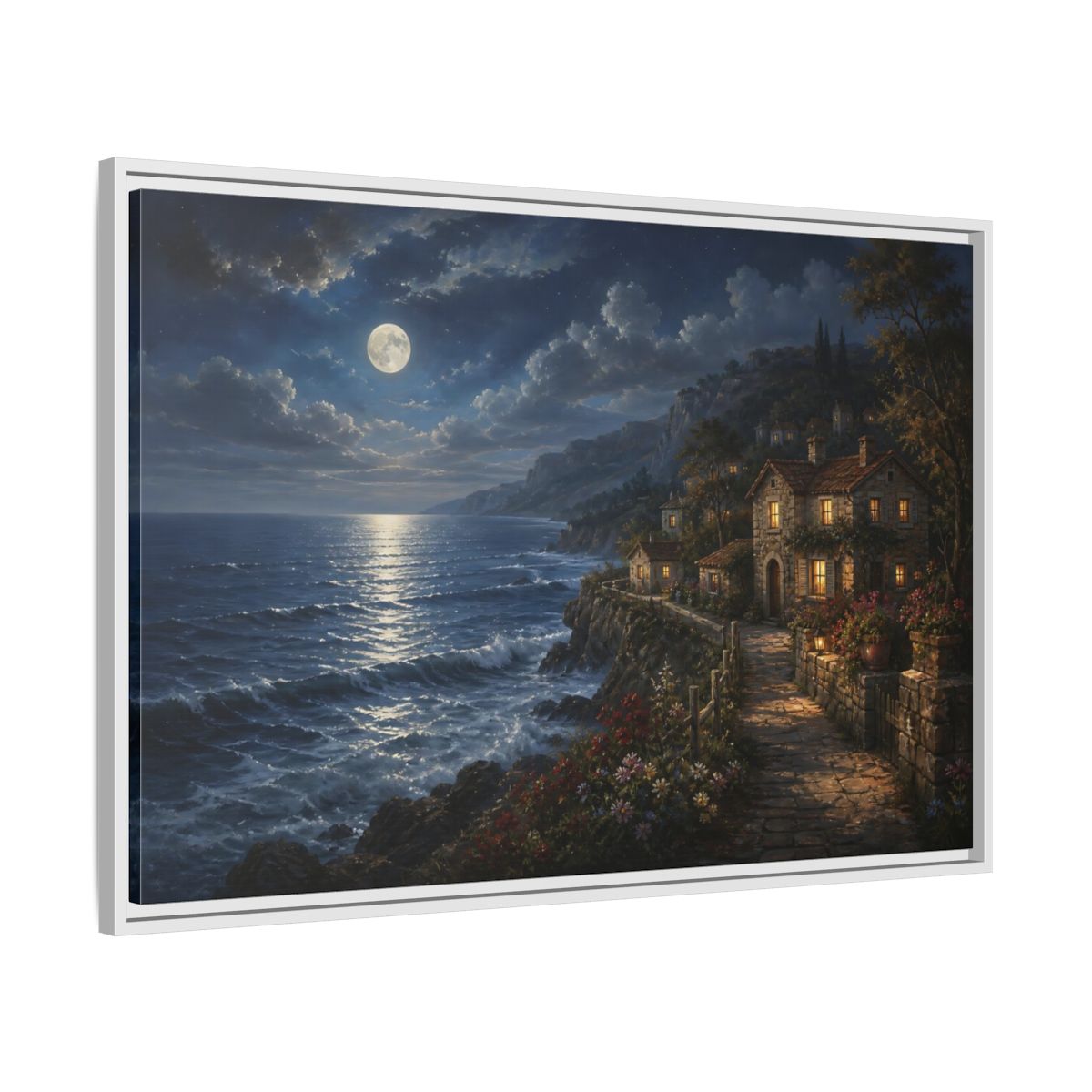 Side Mockup 9. Moonlit Coastal Cottage shown as framed canvas print