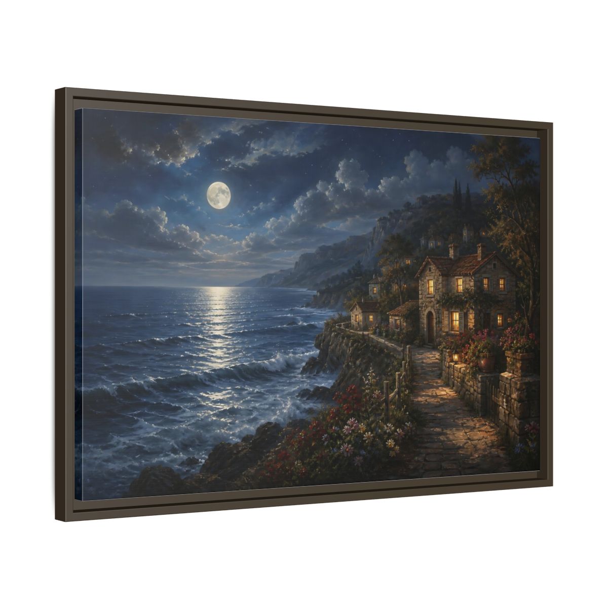 Side Mockup 11. Moonlit Coastal Cottage shown as framed canvas print
