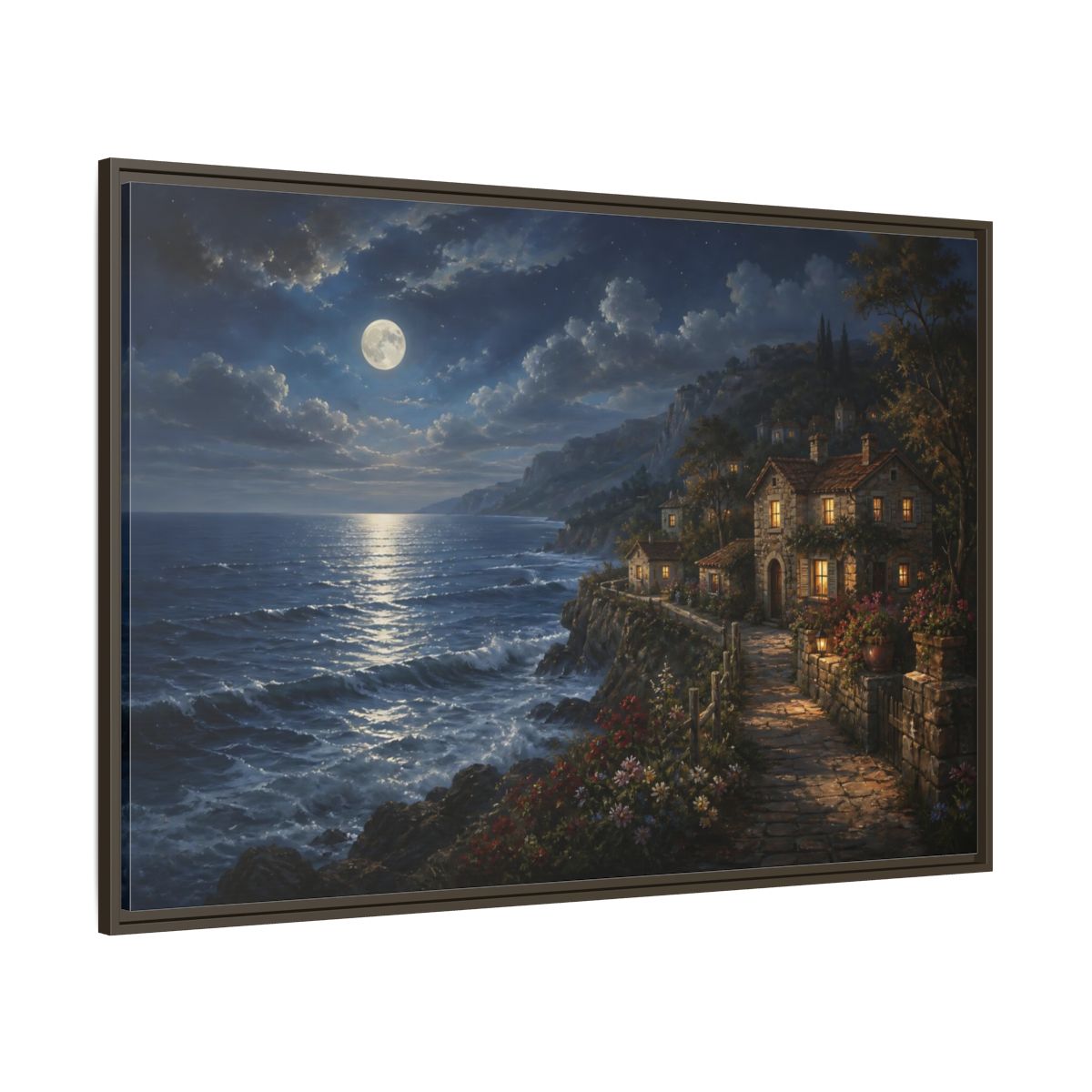 Side Mockup 8. Moonlit Coastal Cottage shown as framed canvas print
