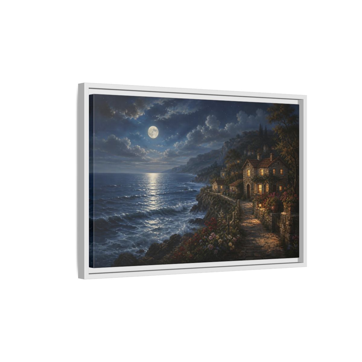 Side Mockup 1. Moonlit Coastal Cottage shown as framed canvas print