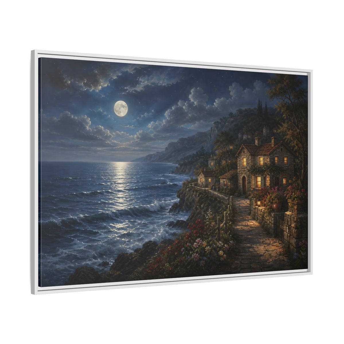 Side Mockup 7. Moonlit Coastal Cottage shown as framed canvas print