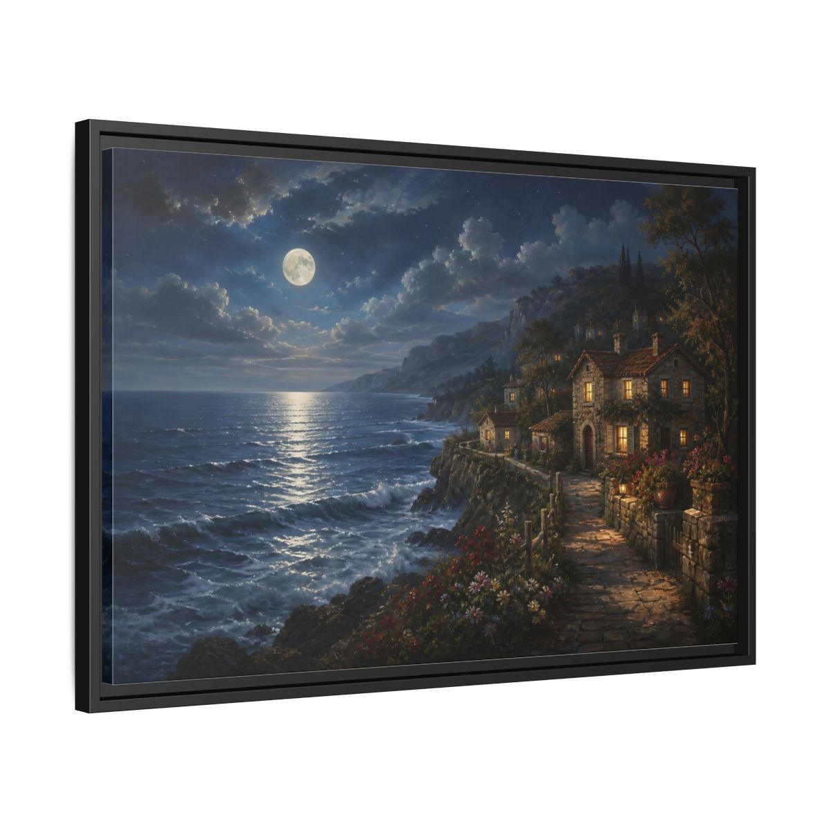 Side Mockup 14. Moonlit Coastal Cottage shown as framed canvas print