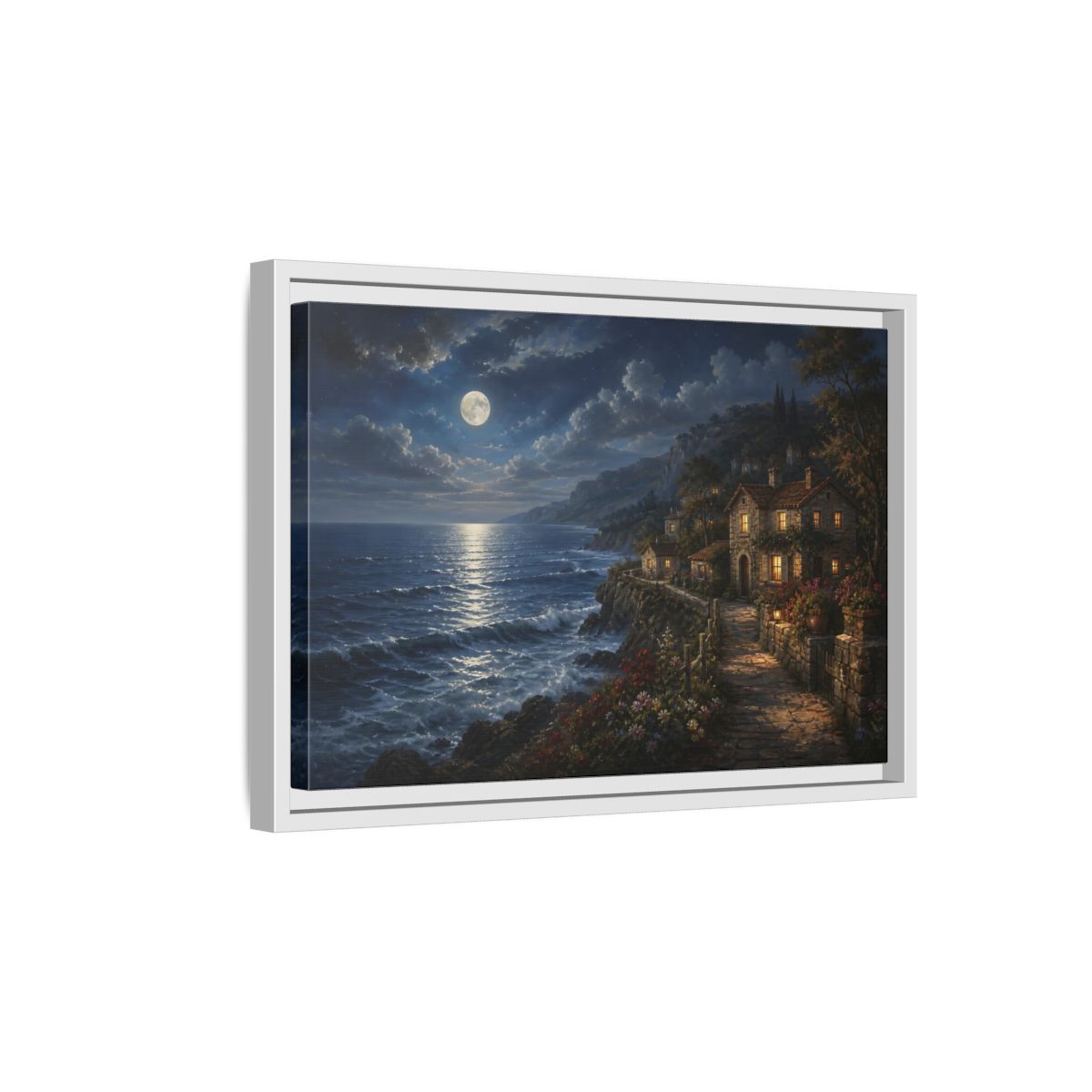 Side Mockup 4. Moonlit Coastal Cottage shown as framed canvas print