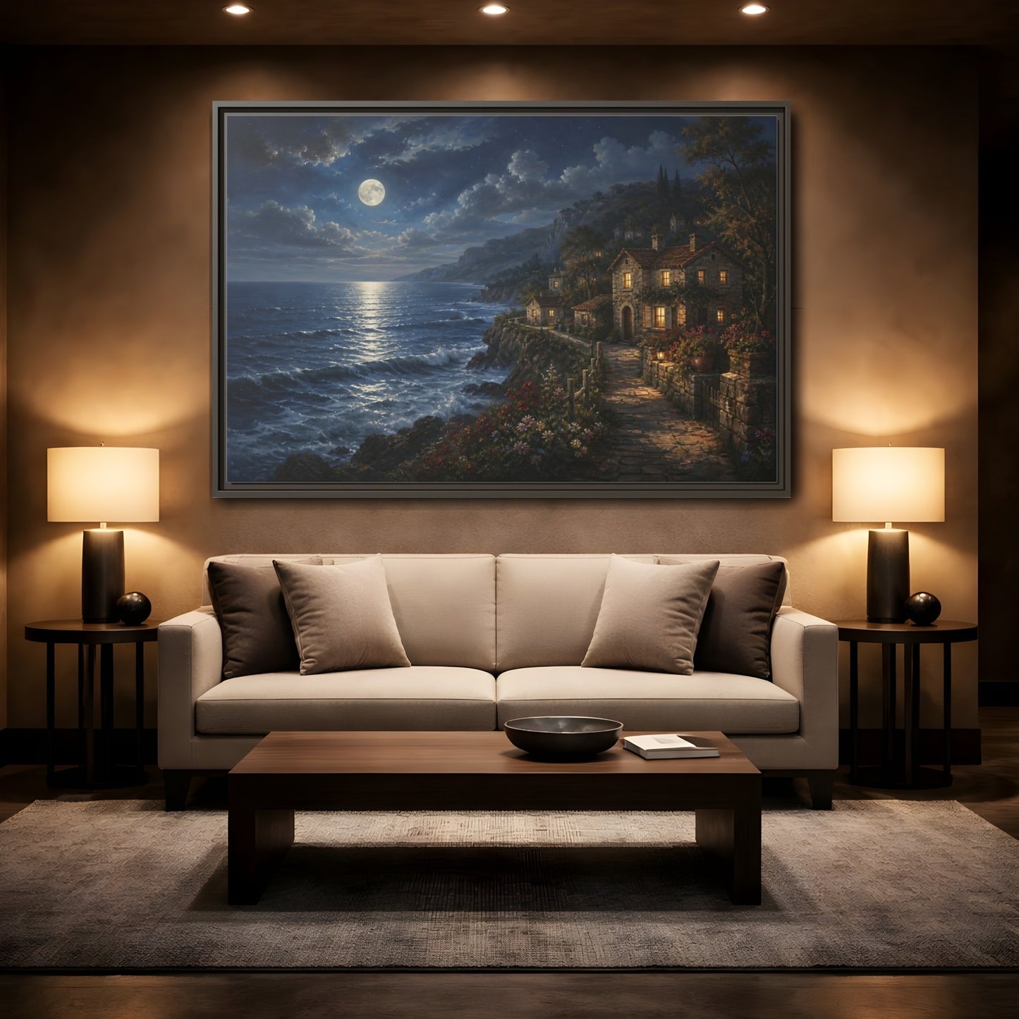 Mockup 2. Moonlit Coastal Cottage shown as framed canvas print