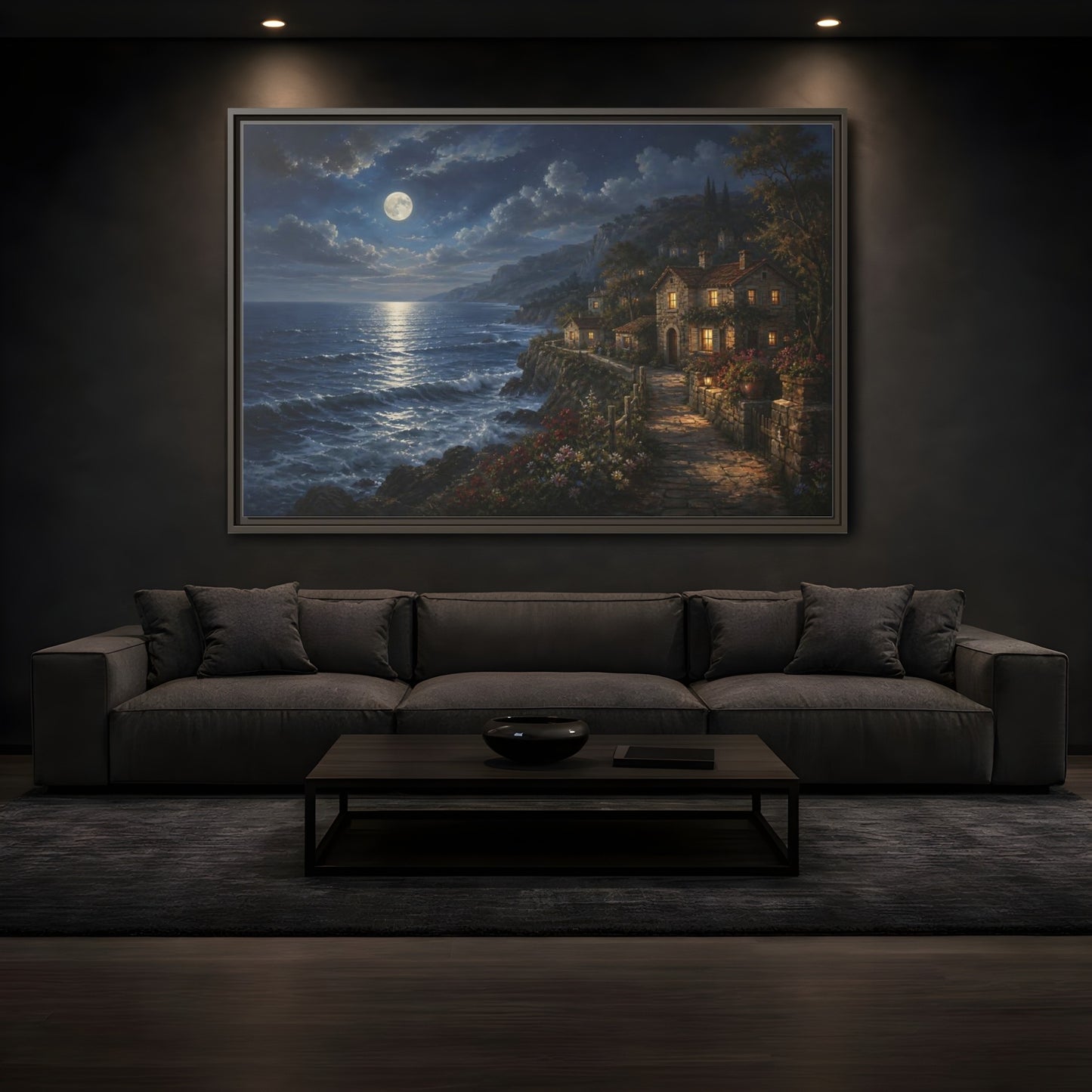 Mockup 3. Moonlit Coastal Cottage shown as framed canvas print