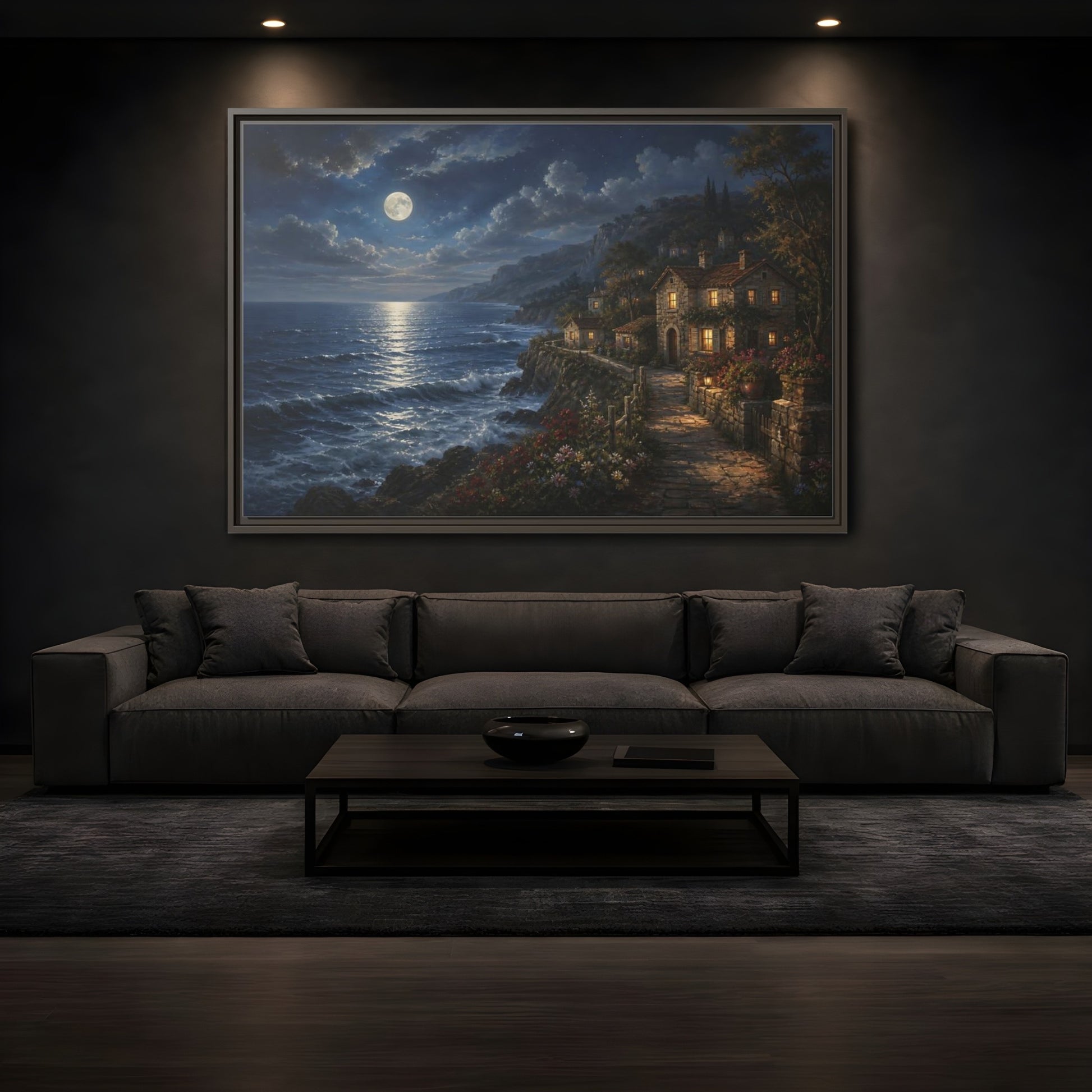Mockup 3. Moonlit Coastal Cottage shown as framed canvas print