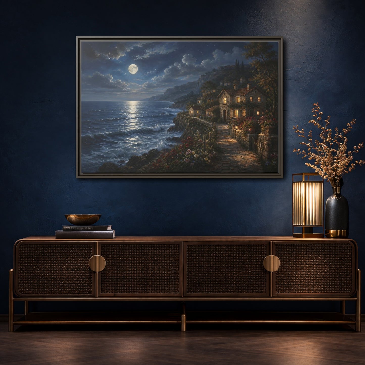 Mockup 4. Moonlit Coastal Cottage shown as framed canvas print