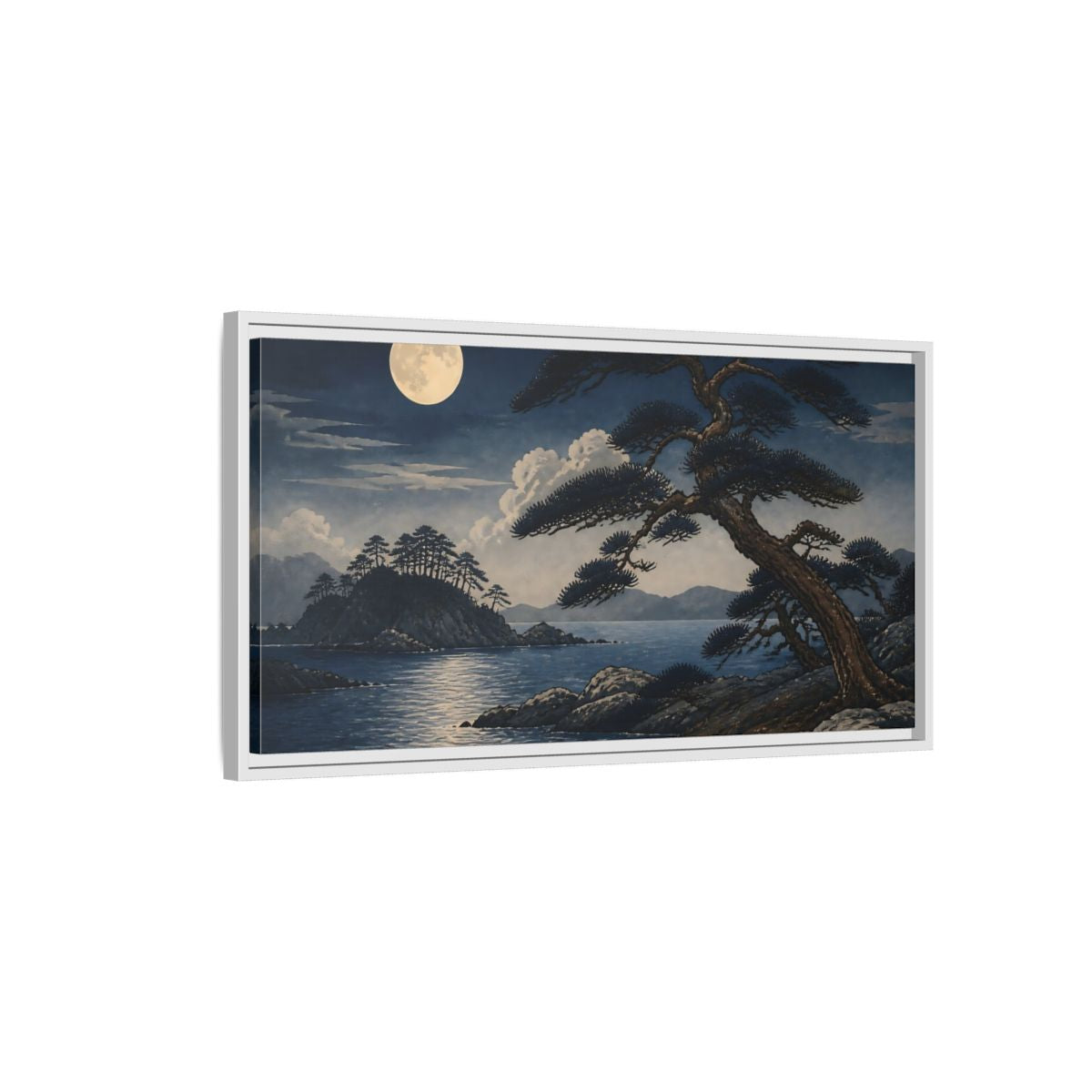 Side Mockup 1. Moonlit Coastal Pines shown as framed canvas print
