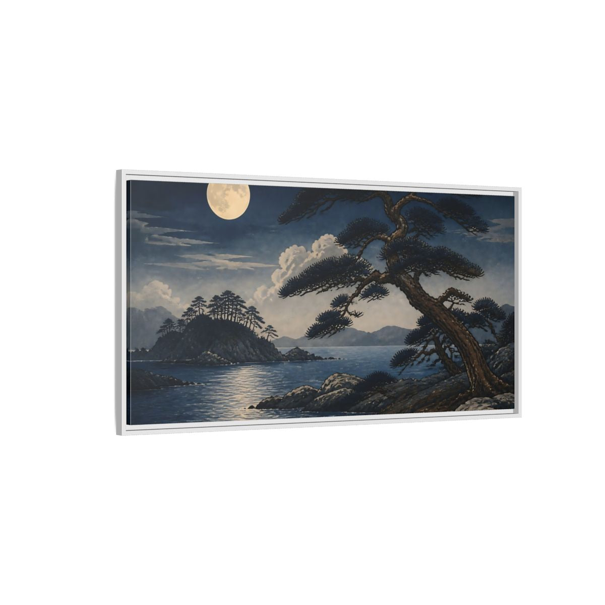 Side Mockup 3. Moonlit Coastal Pines shown as framed canvas print