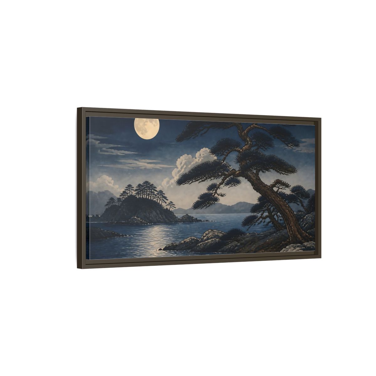 Main Mockup. Moonlit Coastal Pines shown as framed canvas print