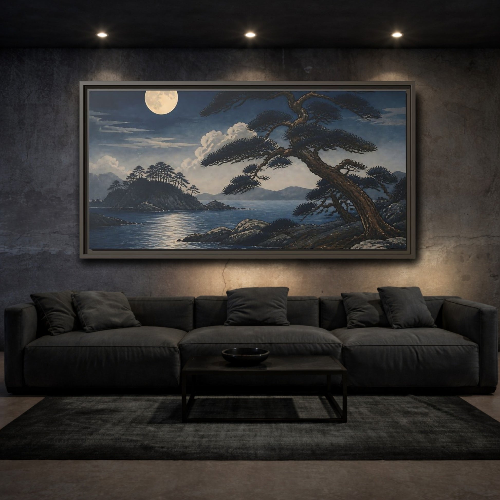 Mockup 3. Moonlit Coastal Pines shown as framed canvas print