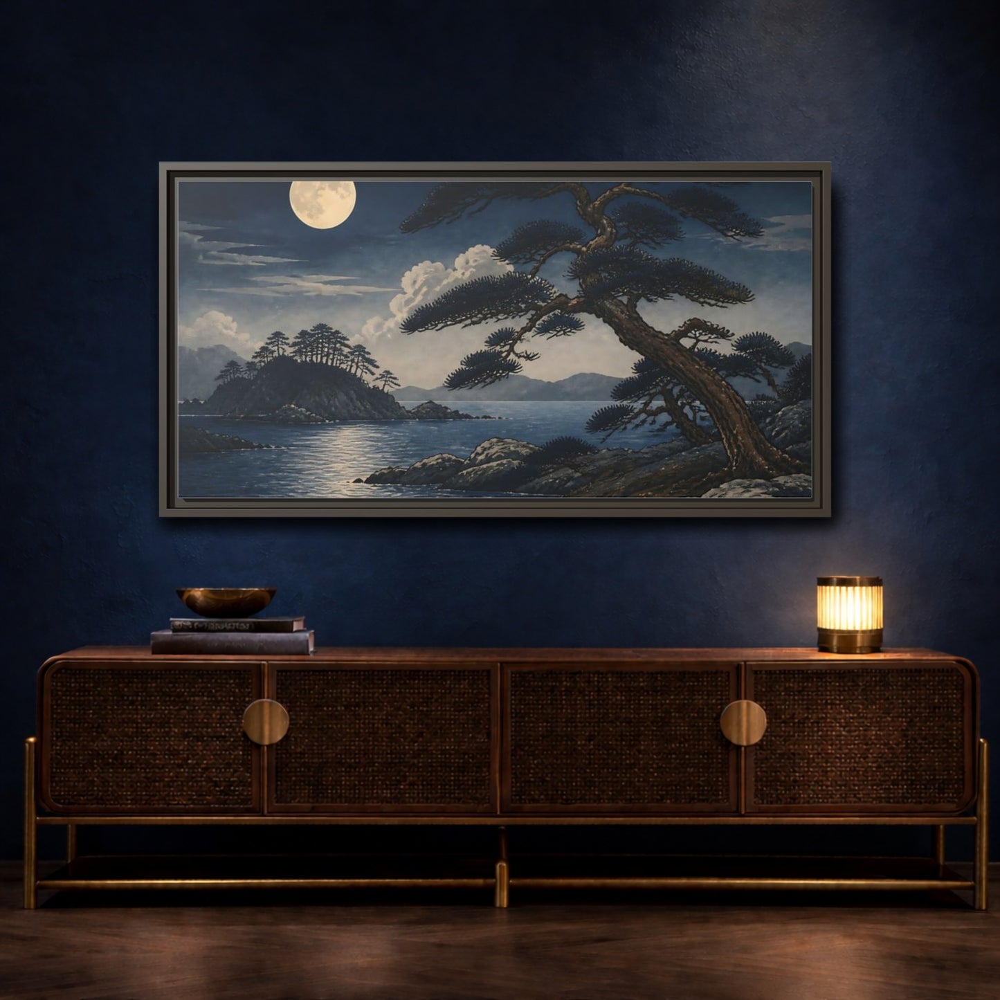 Mockup 4. Moonlit Coastal Pines shown as framed canvas print