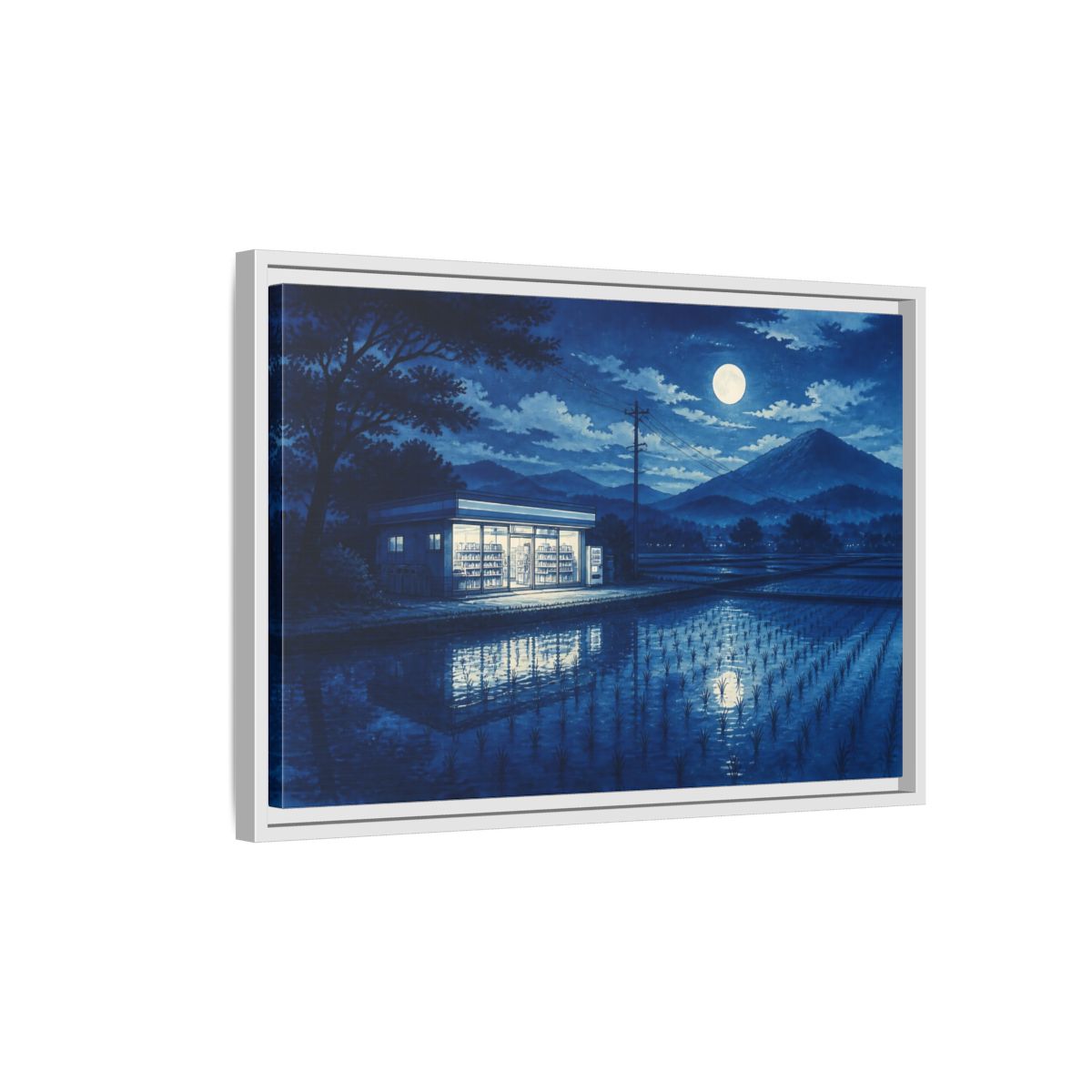 Side Mockup 1. Moonlit Country Convenience Store shown as framed canvas print