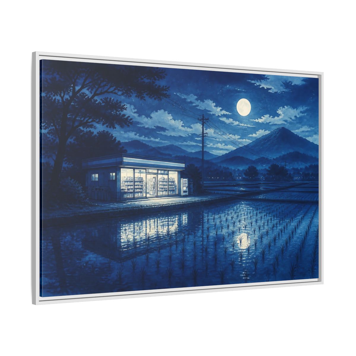 Side Mockup 7. Moonlit Country Convenience Store shown as framed canvas print