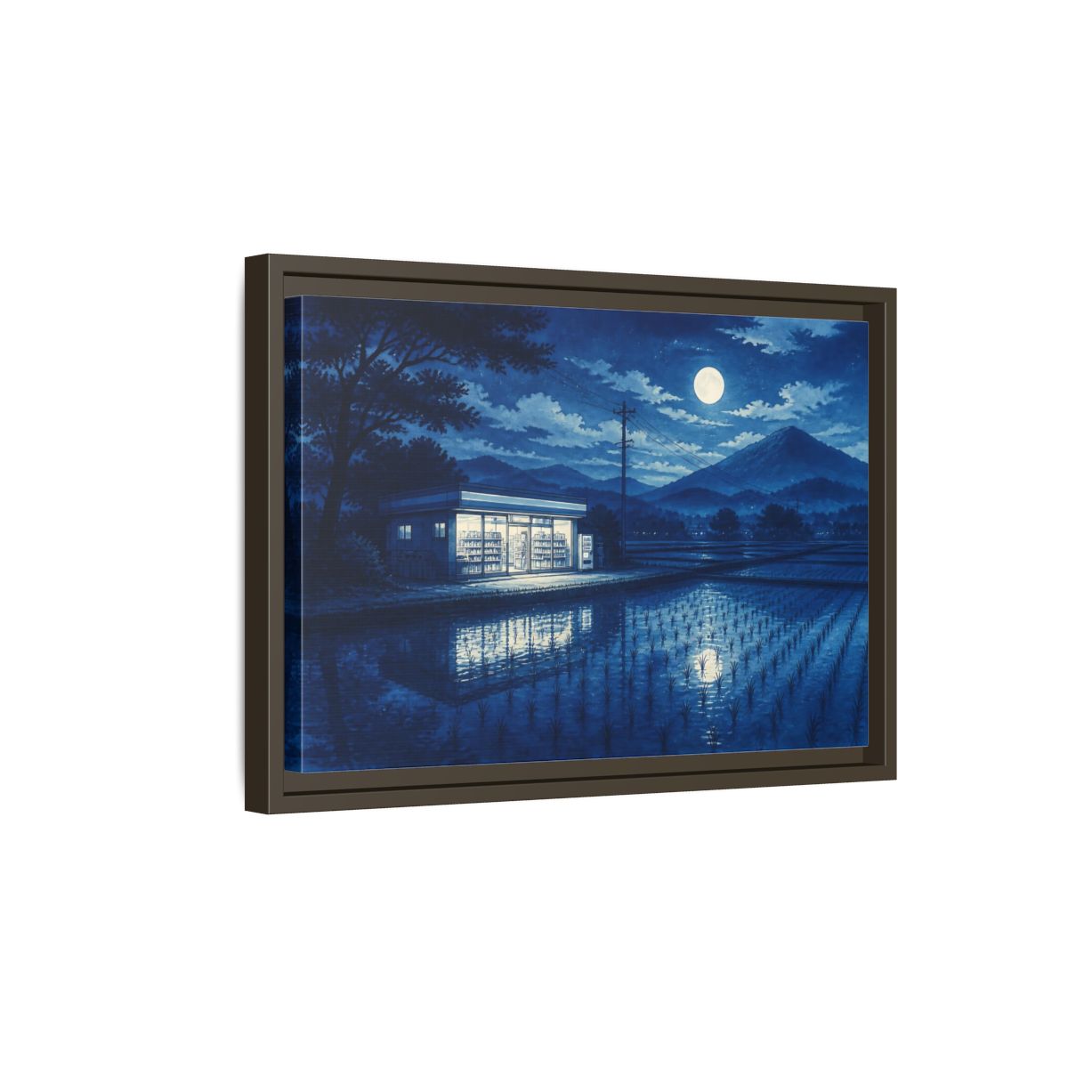 Side Mockup 5. Moonlit Country Convenience Store shown as framed canvas print