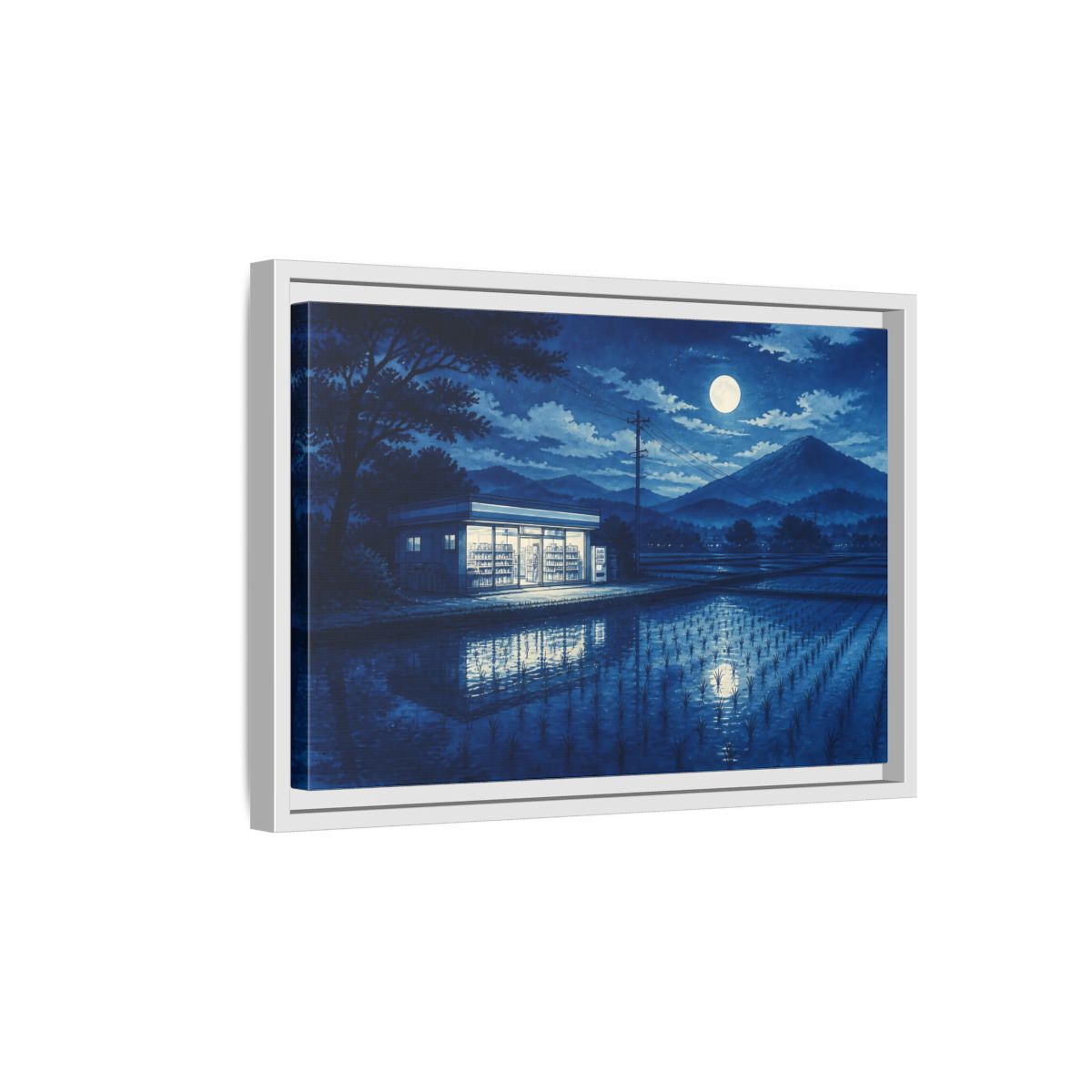 Side Mockup 4. Moonlit Country Convenience Store shown as framed canvas print