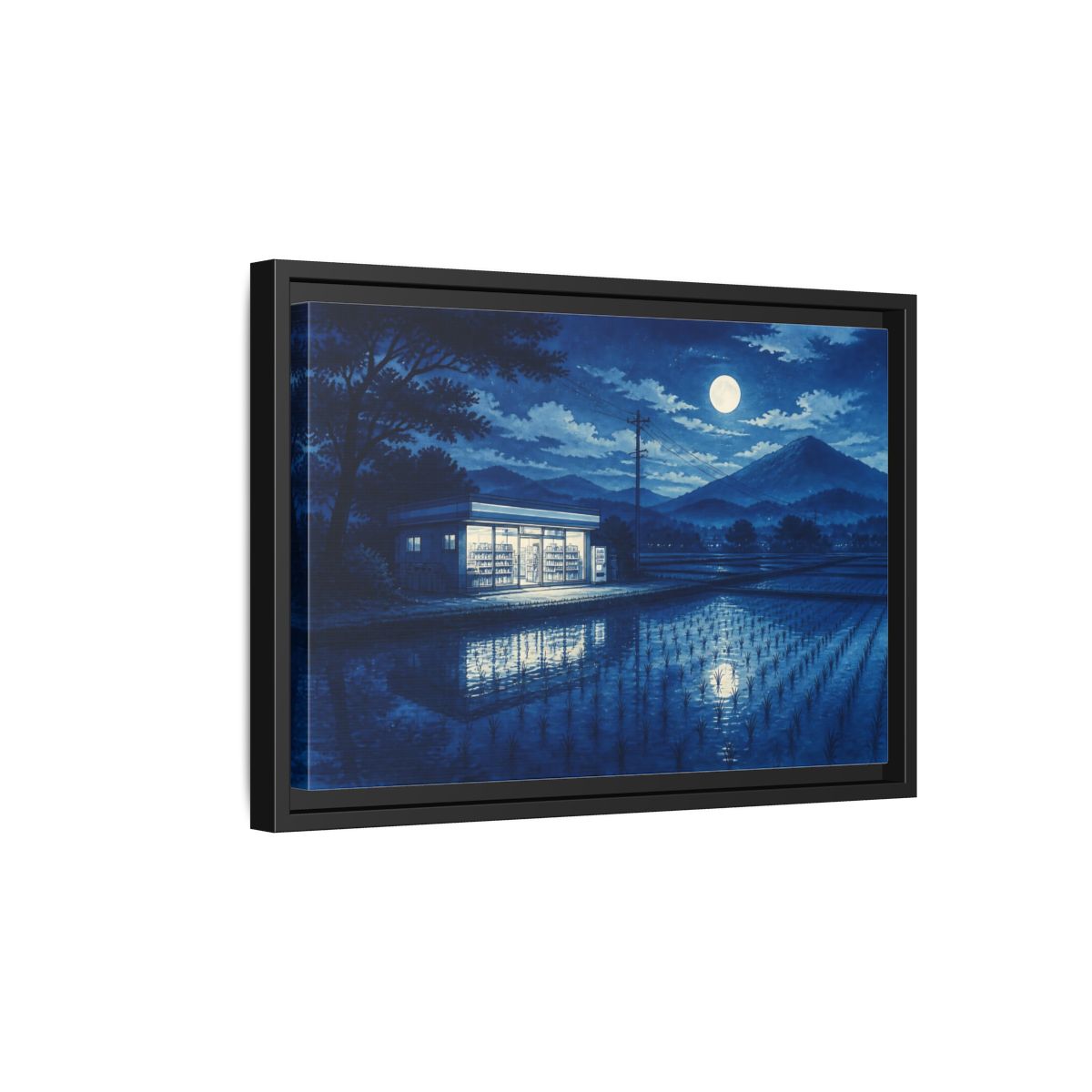 Side Mockup 6. Moonlit Country Convenience Store shown as framed canvas print