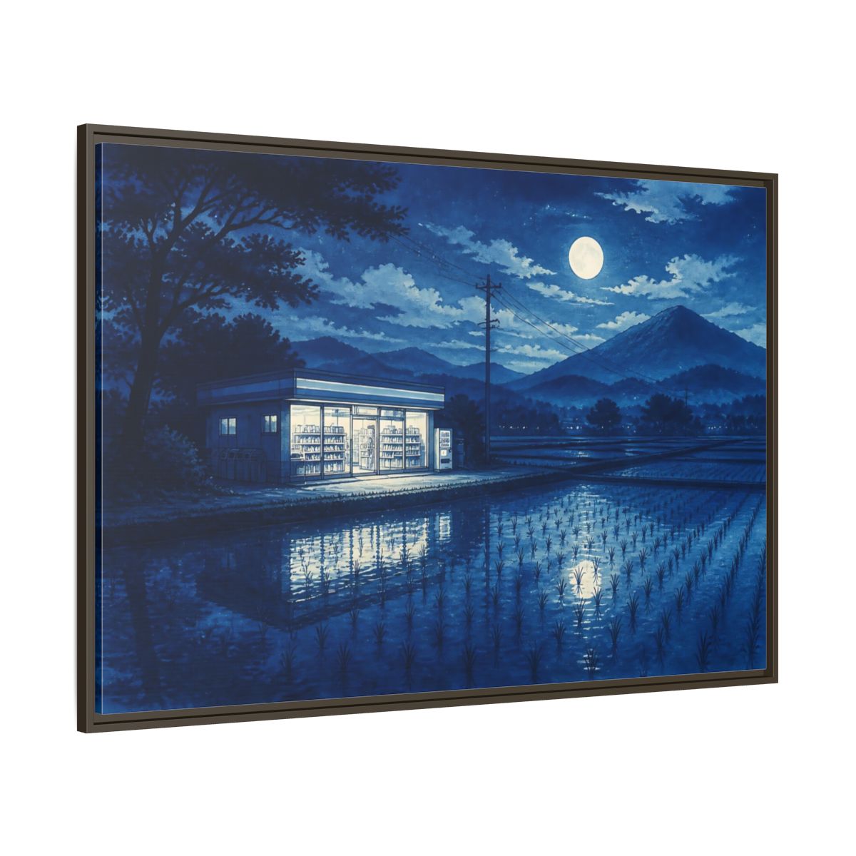 Side Mockup 8. Moonlit Country Convenience Store shown as framed canvas print
