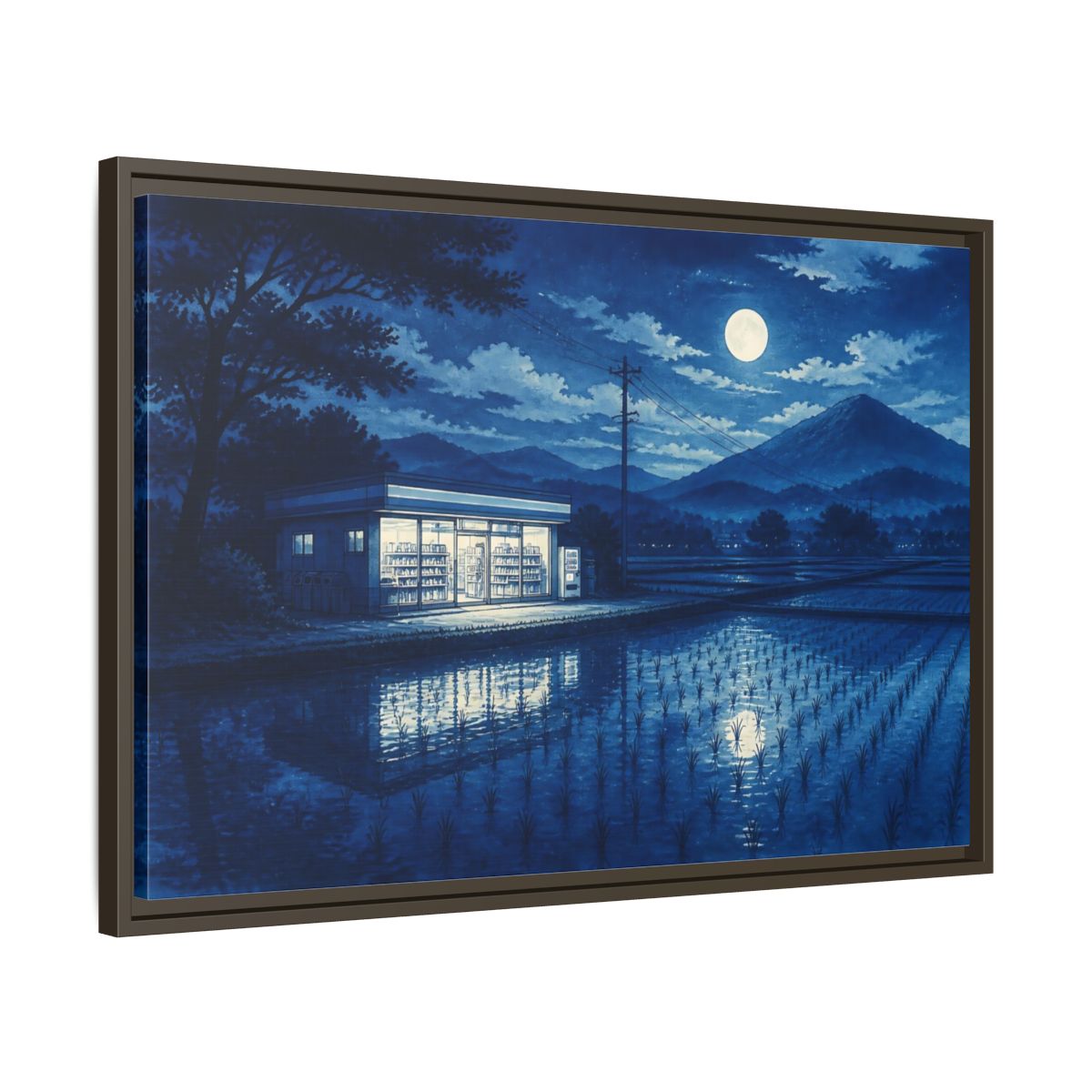 Side Mockup 11. Moonlit Country Convenience Store shown as framed canvas print