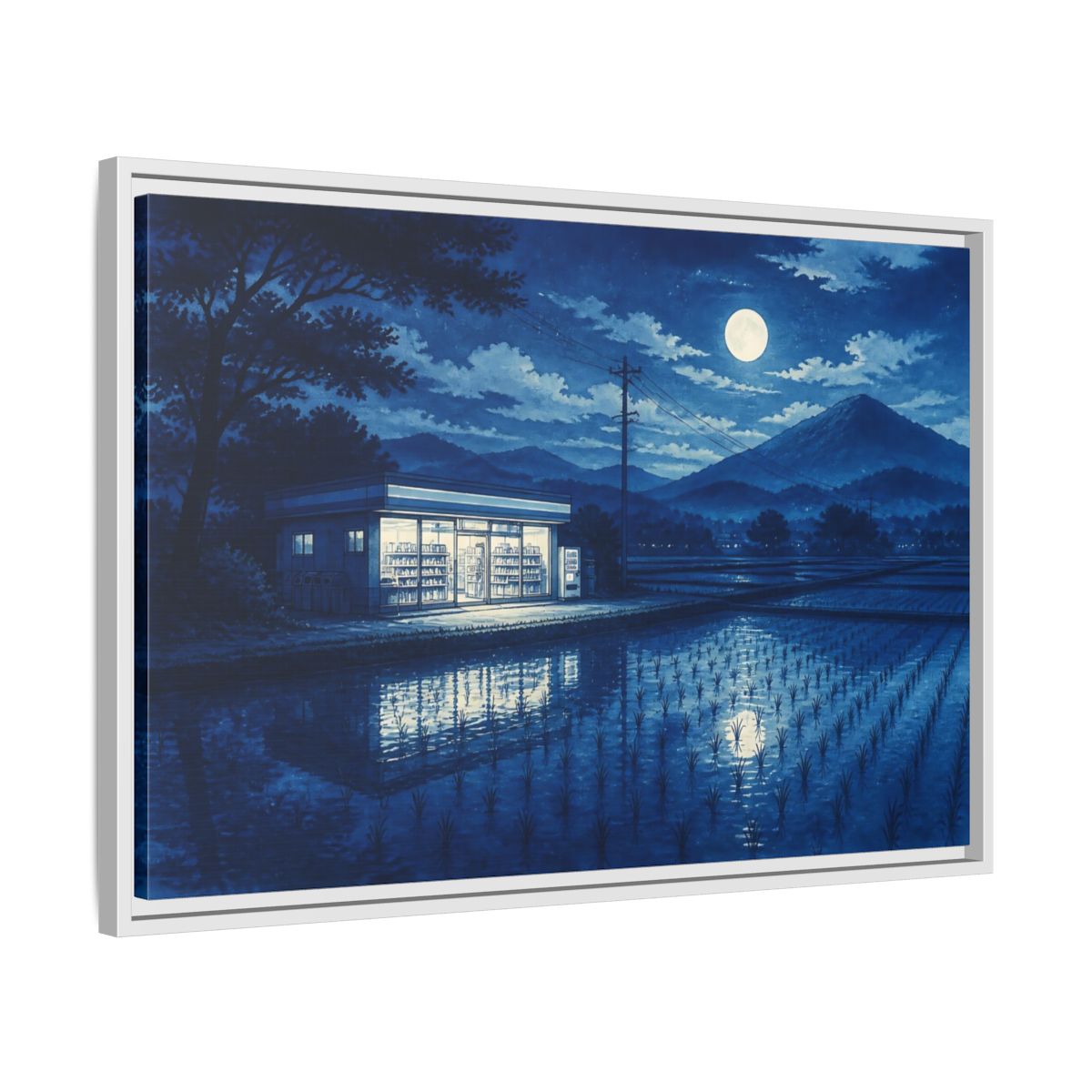 Side Mockup 10. Moonlit Country Convenience Store shown as framed canvas print