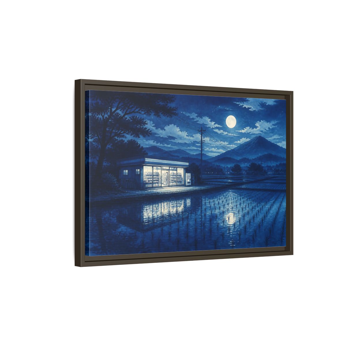 Side Mockup 2. Moonlit Country Convenience Store shown as framed canvas print