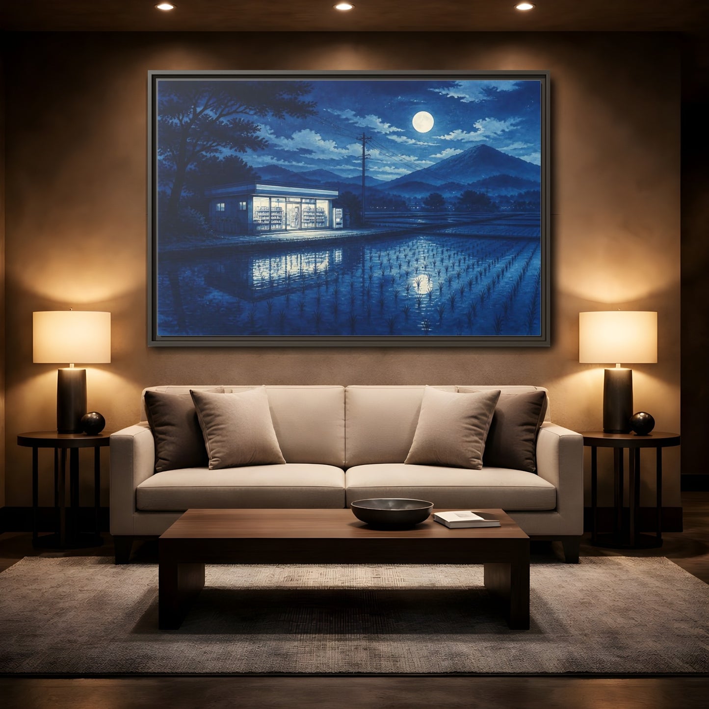 Mockup 2. Moonlit Country Convenience Store shown as framed canvas print