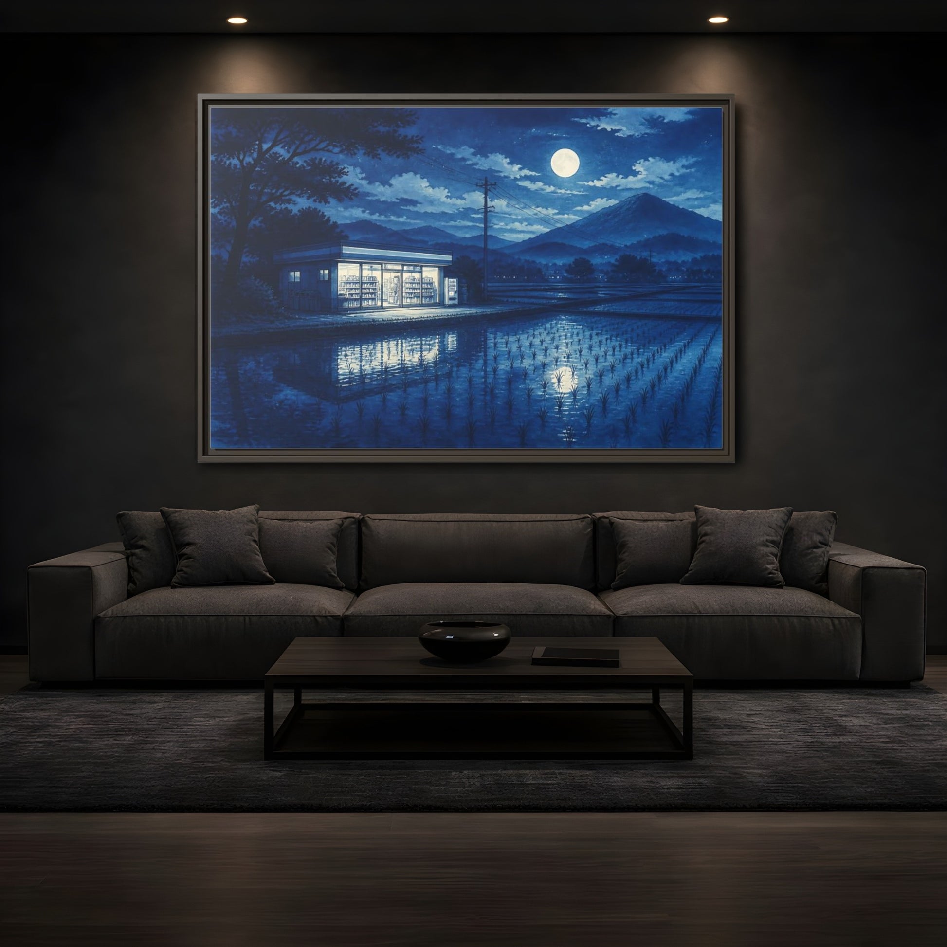 Mockup 3. Moonlit Country Convenience Store shown as framed canvas print