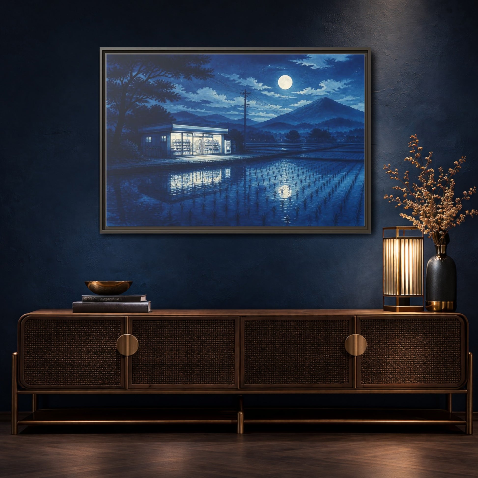 Mockup 4. Moonlit Country Convenience Store shown as framed canvas print