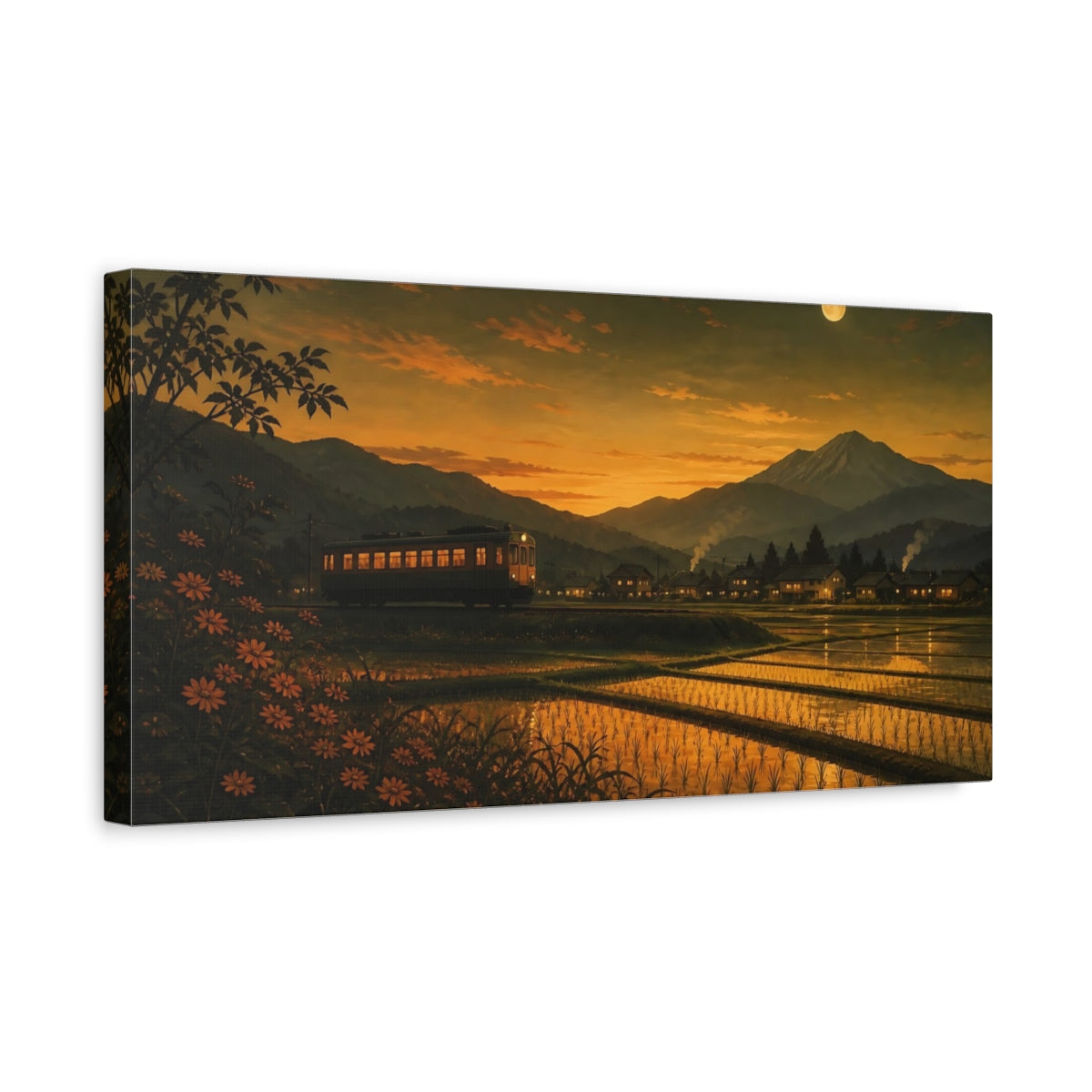 Side Mockup 3. Moonlit Countryside Train shown as canvas print