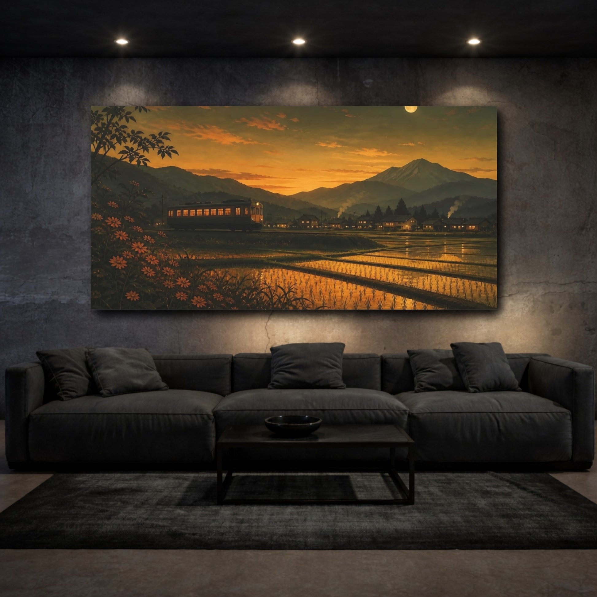 Mockup 3. Moonlit Countryside Train shown as canvas print