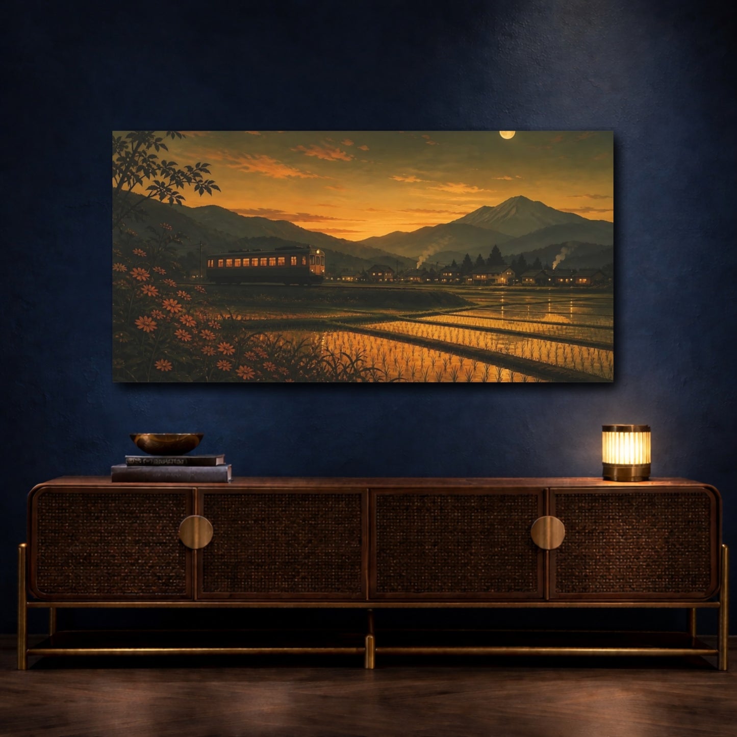 Mockup 4. Moonlit Countryside Train shown as canvas print