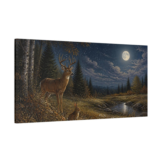 Main Mockup. Moonlit Deer And Rabbit shown as canvas print