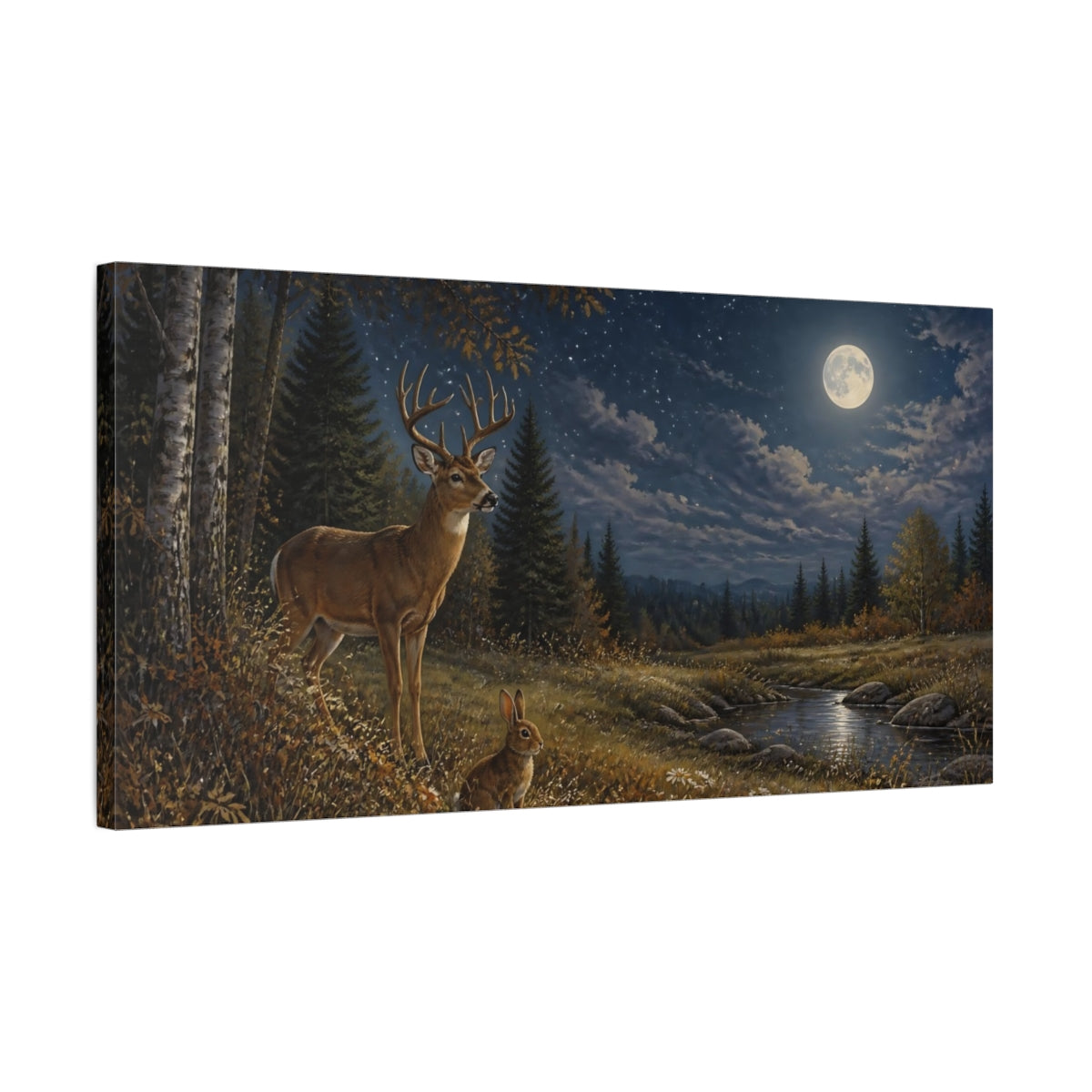 Side Mockup 1. Moonlit Deer And Rabbit shown as canvas print