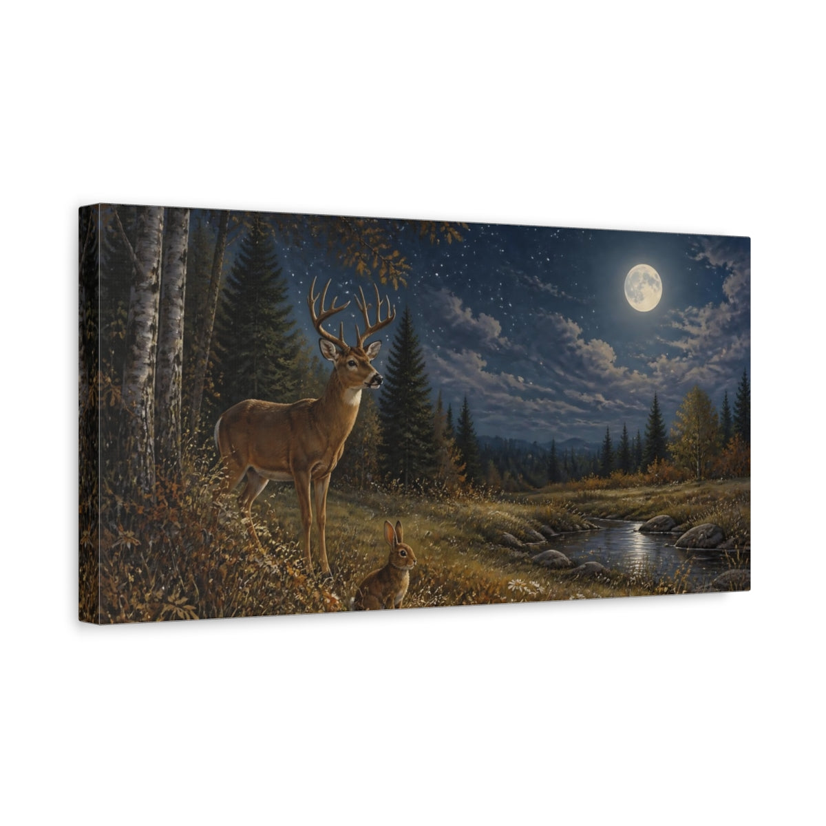 Side Mockup 3. Moonlit Deer And Rabbit shown as canvas print
